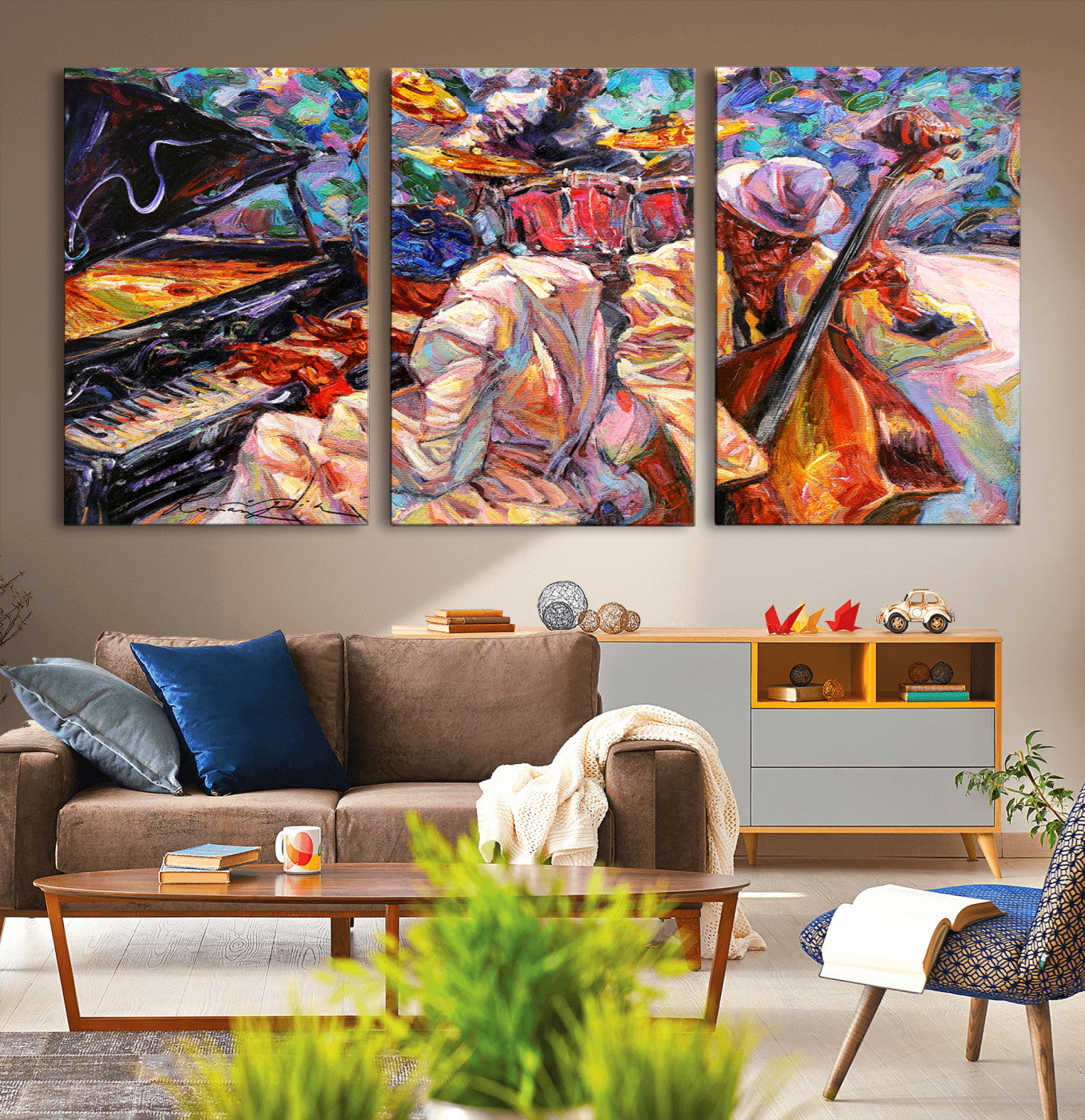 13675-MGV-CV-36X24-Jazz Band Wall Art Canvas Print, Framed Jazz Oil Painting Art Picture Print, Vibrant Music Perfect Abstract Musical Decor Artwork