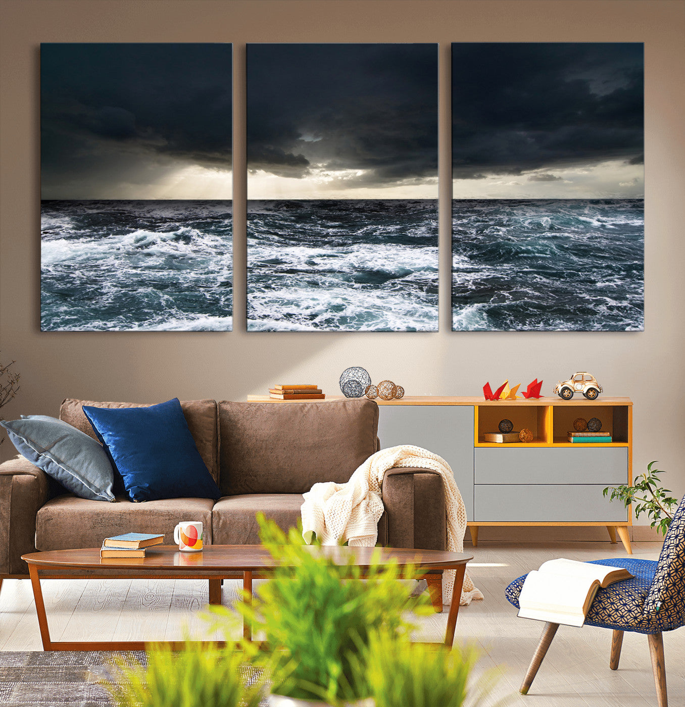 51359-MGV-CV-60X30-3P-Stormy Ocean Wall Art Canvas Print, Framed Moody Seascape Art Picture Print, Ocean Storm Perfect Dramatic Coastal Decor Artwork