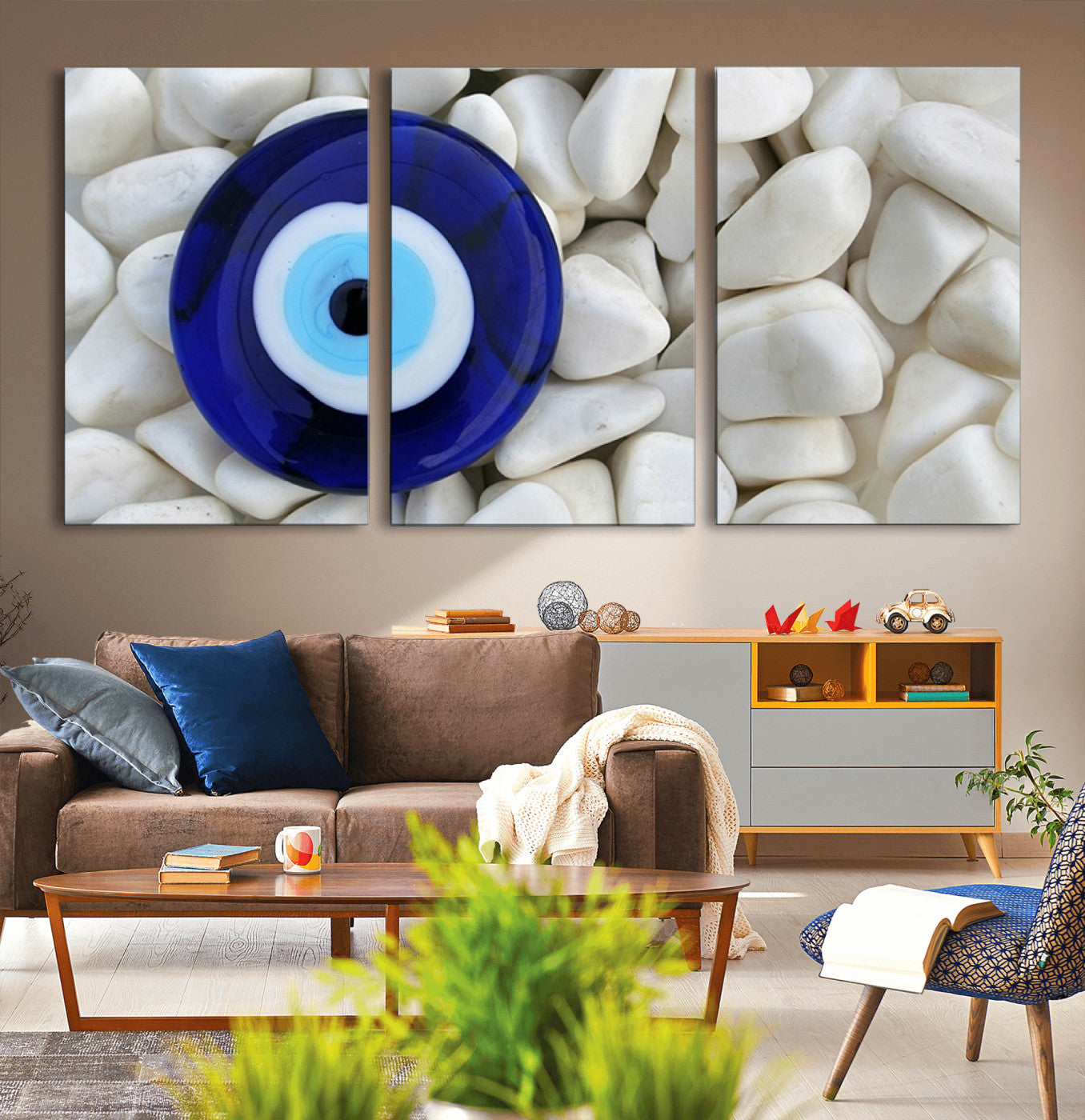 48883-MGV-CV-36X24-Evil Eye Wall Art – Deep Blue Symbol of Presence and Calm on White Stones, Subtle Spiritual Decor for Entryway, Studio, Office or
