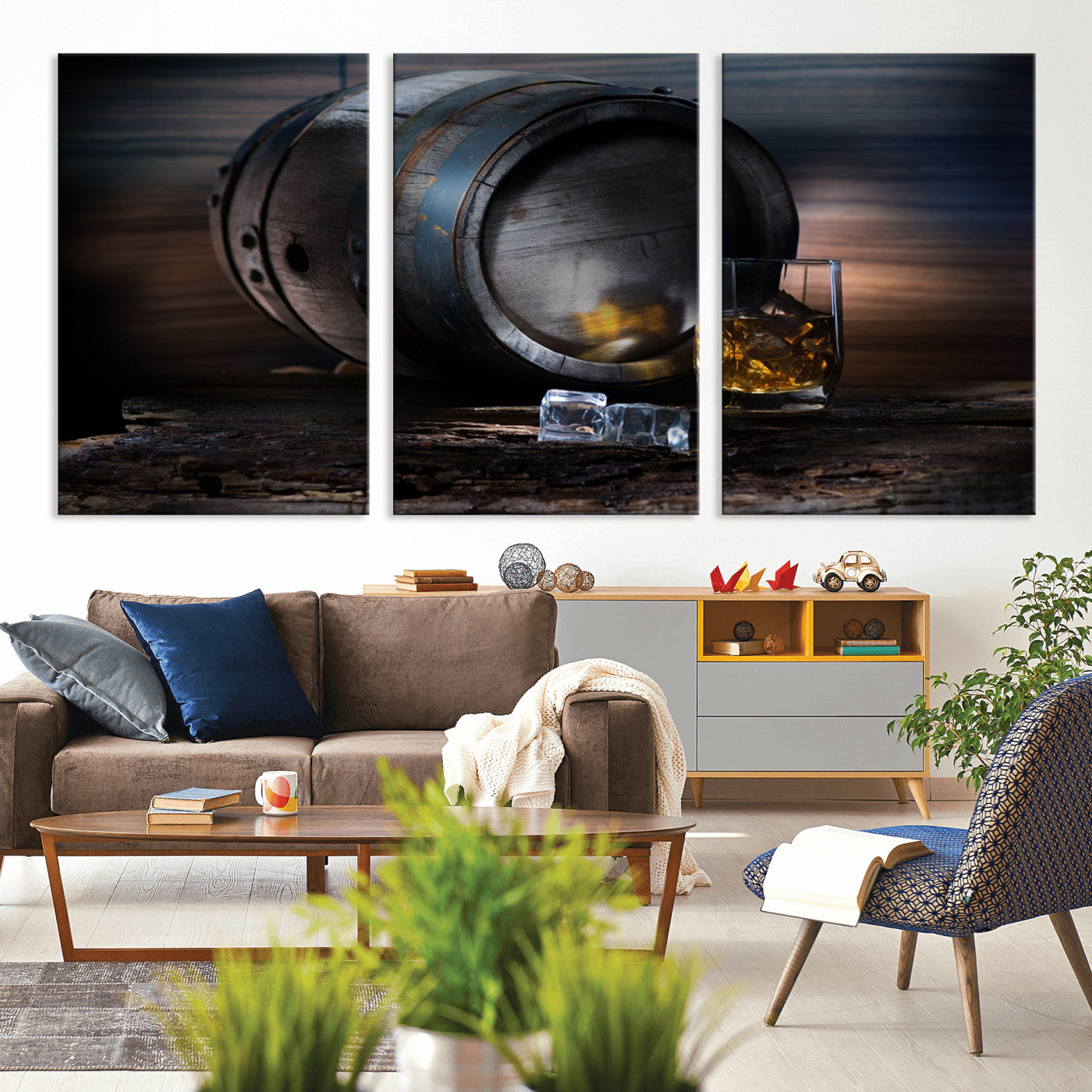 78049-MGV-CV-36X24-Whiskey Barrel Wall Art – Rustic Whiskey Barrel and Glass with Ice Canvas Print, Classic Bar or Lounge Decor for Home, Office, or