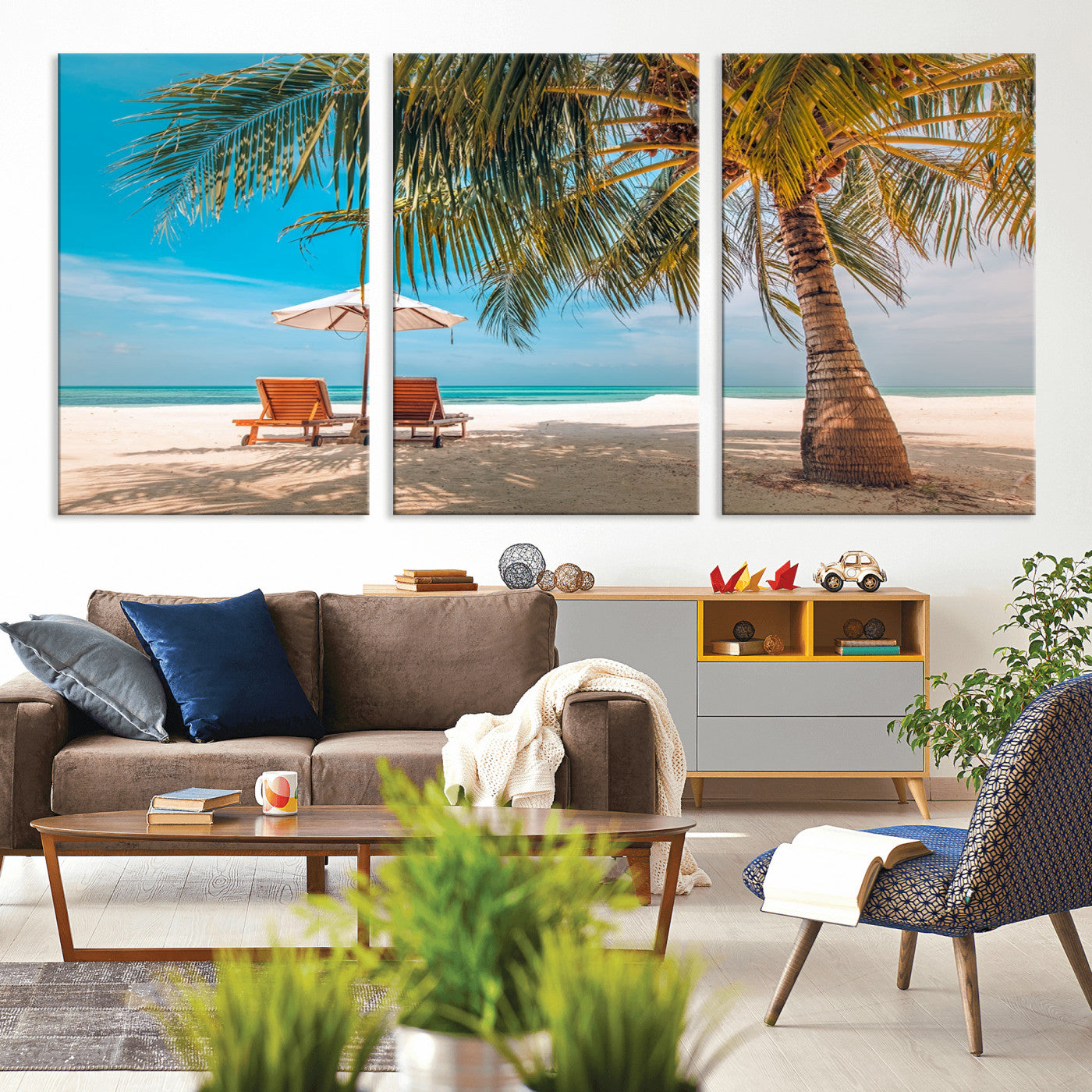 69754-MGV-CV-36X24-Tropical Beach Wall Art – Relaxing Palm Tree and Lounge Chairs Canvas Print, Serene Coastal Decor for Living Room, Bedroom, Office