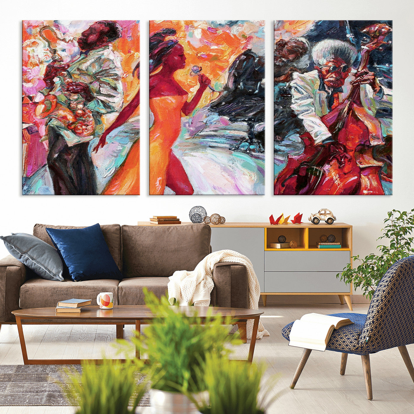 24452-MGV-CV-36X24-Vibrant Jazz Musician Painting - Expressive Art Print of Live Jazz Band, Perfect Wall Decor for Music Lovers and Art Enthusiasts