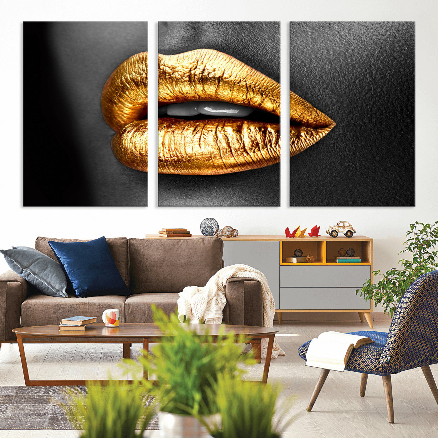 84747-MGV-CV-36X24-Golden Lips Black & White Portrait – Glamorous Metallic Lip Art Print, Modern Wall Decor for Bedroom, Beauty & Fashion Lover Gift