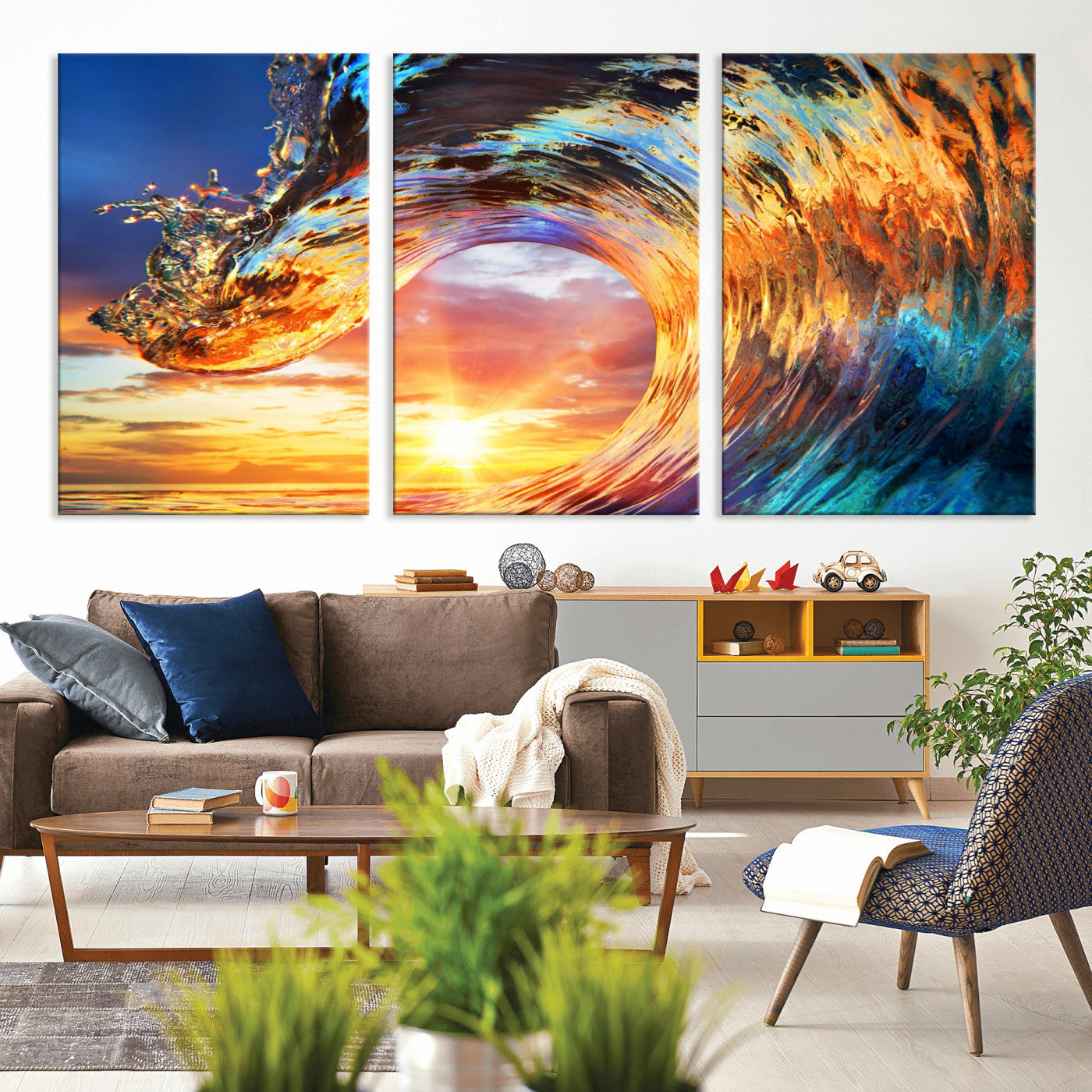 52890-MGV-CV-36X24-Surfing Wave Wall Art Canvas Print, Framed Sunset Ocean Art Picture Print, Ocean Wave Perfect Nautical Decor Artwork