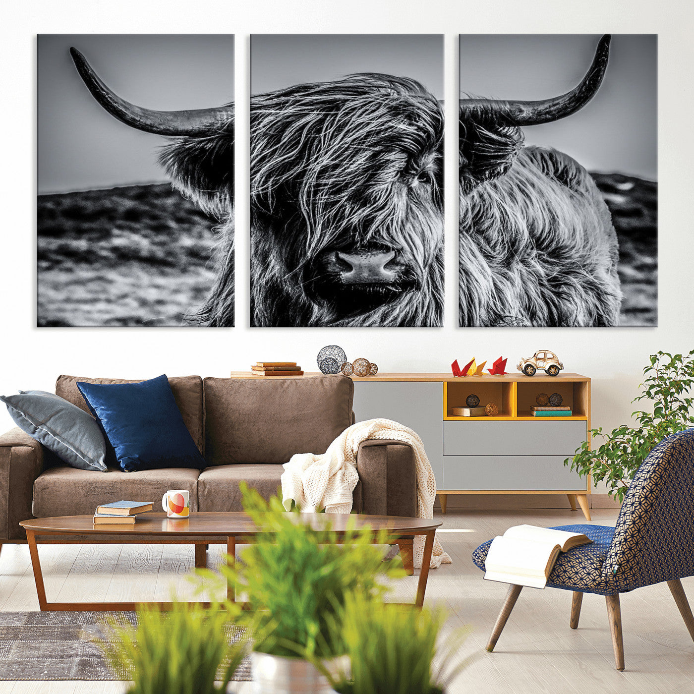 97372-MGV-CV-36X24-Elegant Highland Cow Wall Art – Black and White Canvas Print, Rustic Nature Decor for Home, Office, Living Room or Man Cave