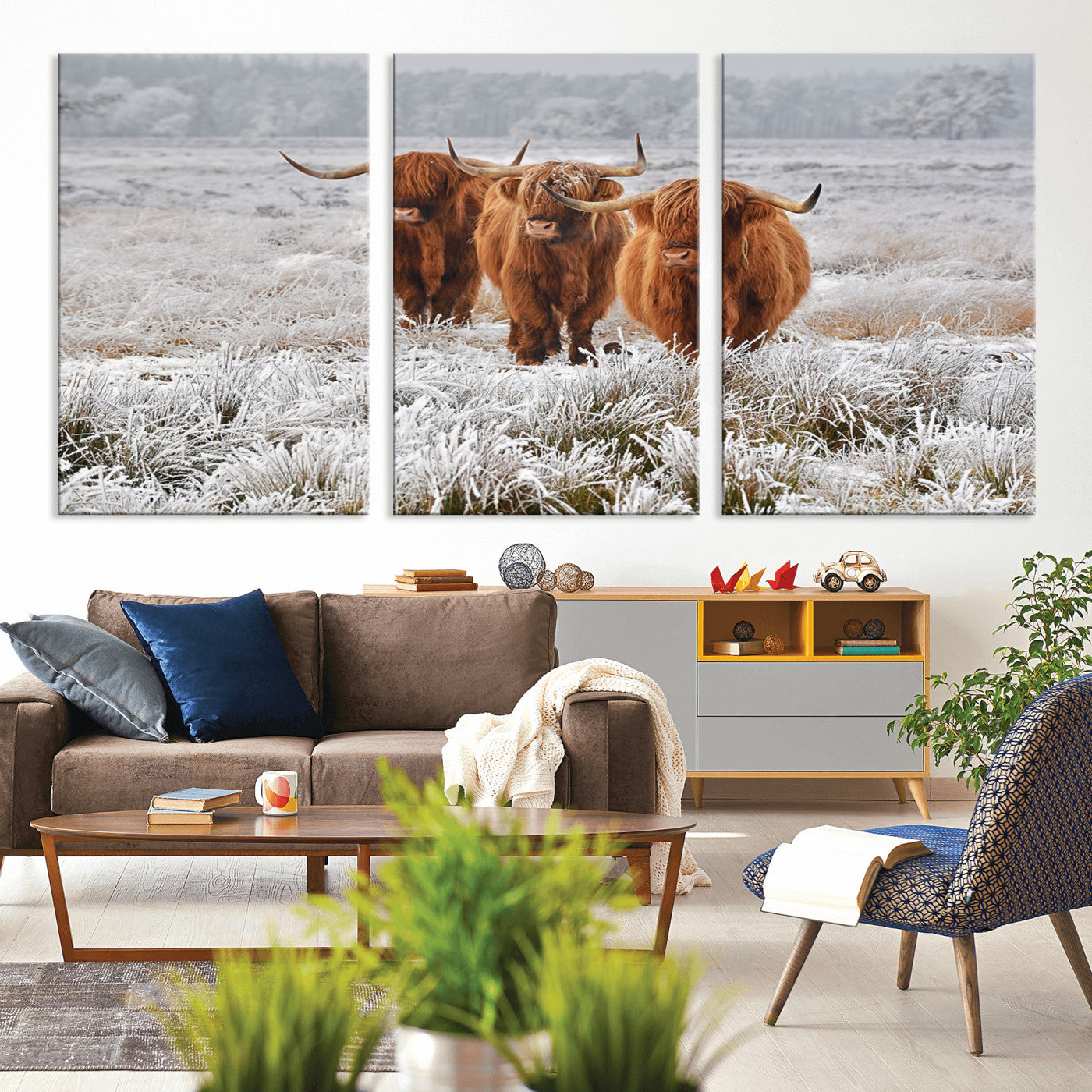 10396-MGV-CV-36X24-Highland Cattle Wall Art – Rustic Winter Landscape Canvas Print, Farmhouse Decor for Living Room, Office, Cabin or Country Home
