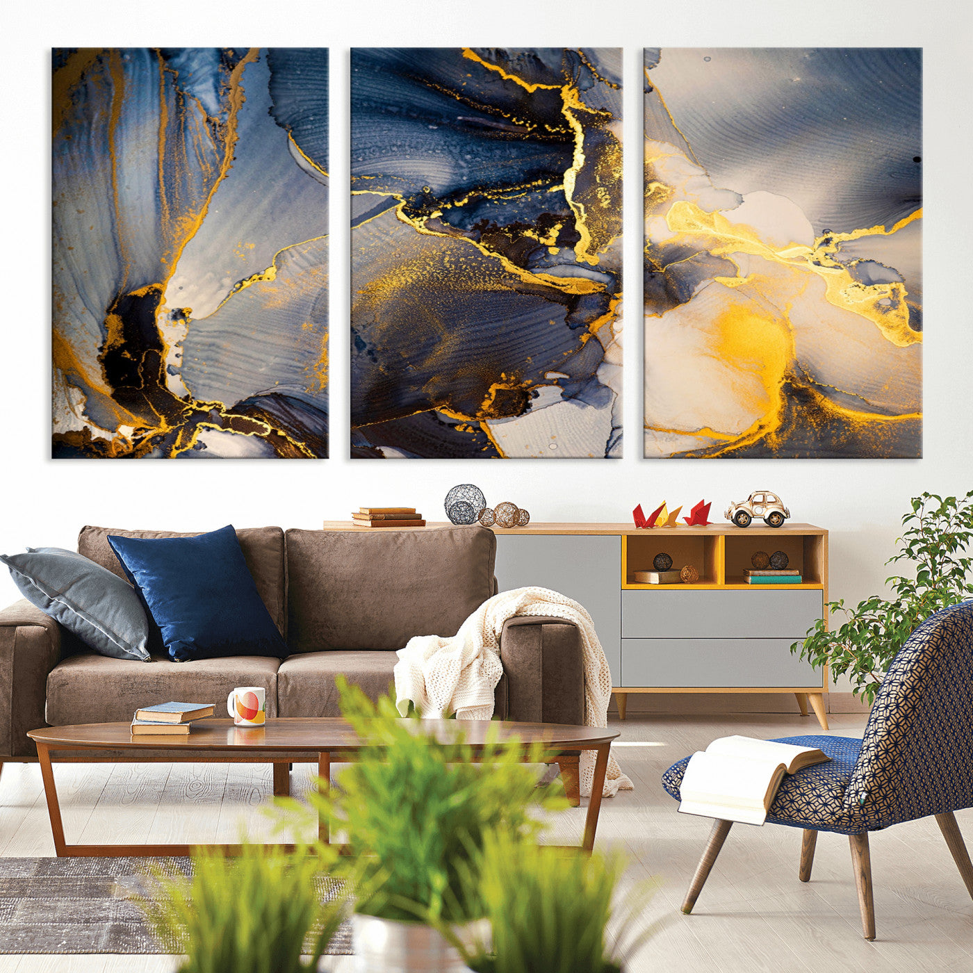 42100-MGV-CV-36X24-Golden Flow Abstract Wall Art – Panoramic Modern Blue and Gold Canvas Print, Contemporary Artistic Decor for Home, Office