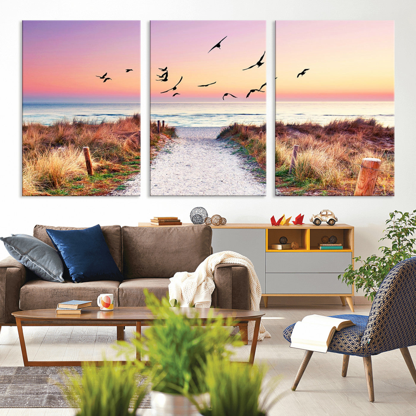 54411-MGV-CV-36X24-Beach Path with Birds Wall Art – Coastal Sunset Ocean Canvas Print, Seaside Nature Landscape Photography for Living Room, Bedroom