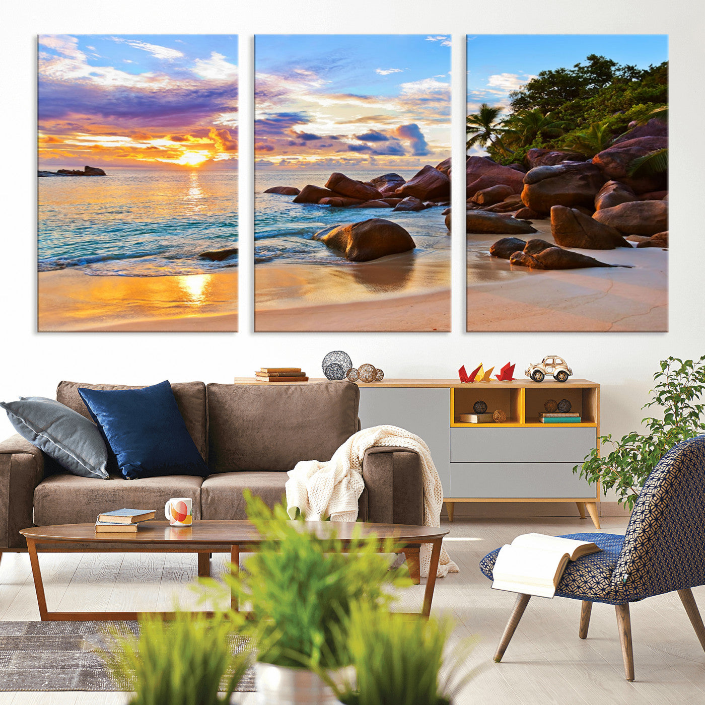 43209-MGV-CV-36X24-Tropical Beach Sunset Wall Art – Golden Ocean Waves and Palm Trees with Rocky Shore Canvas Print, Coastal Seascape Decor for