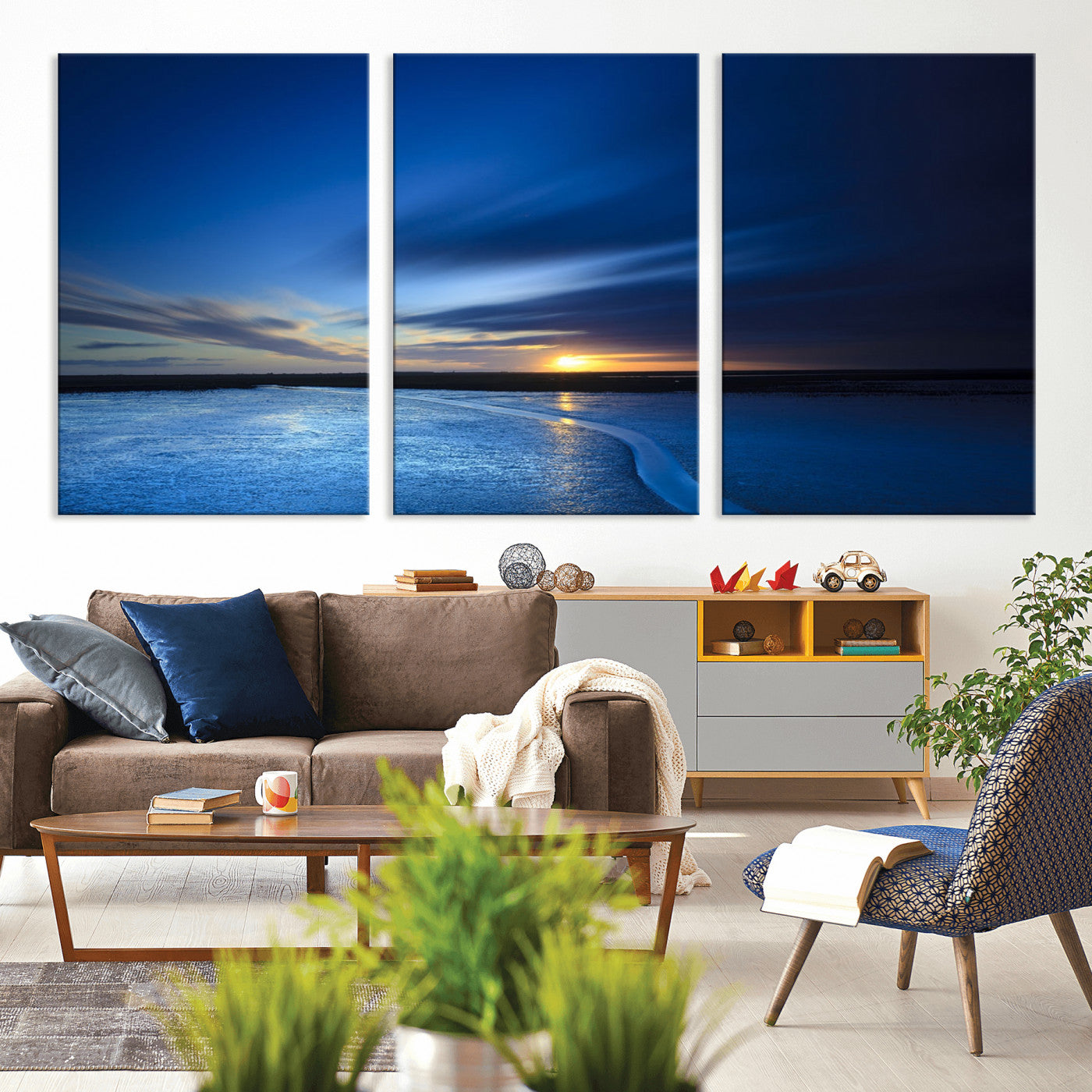 65405-MGV-CV-36X24-Blue Sunrise Seascape Wall Art – Tranquil Ocean Horizon Canvas Print with Golden Sunlight and Deep Sky, Coastal Landscape Decor