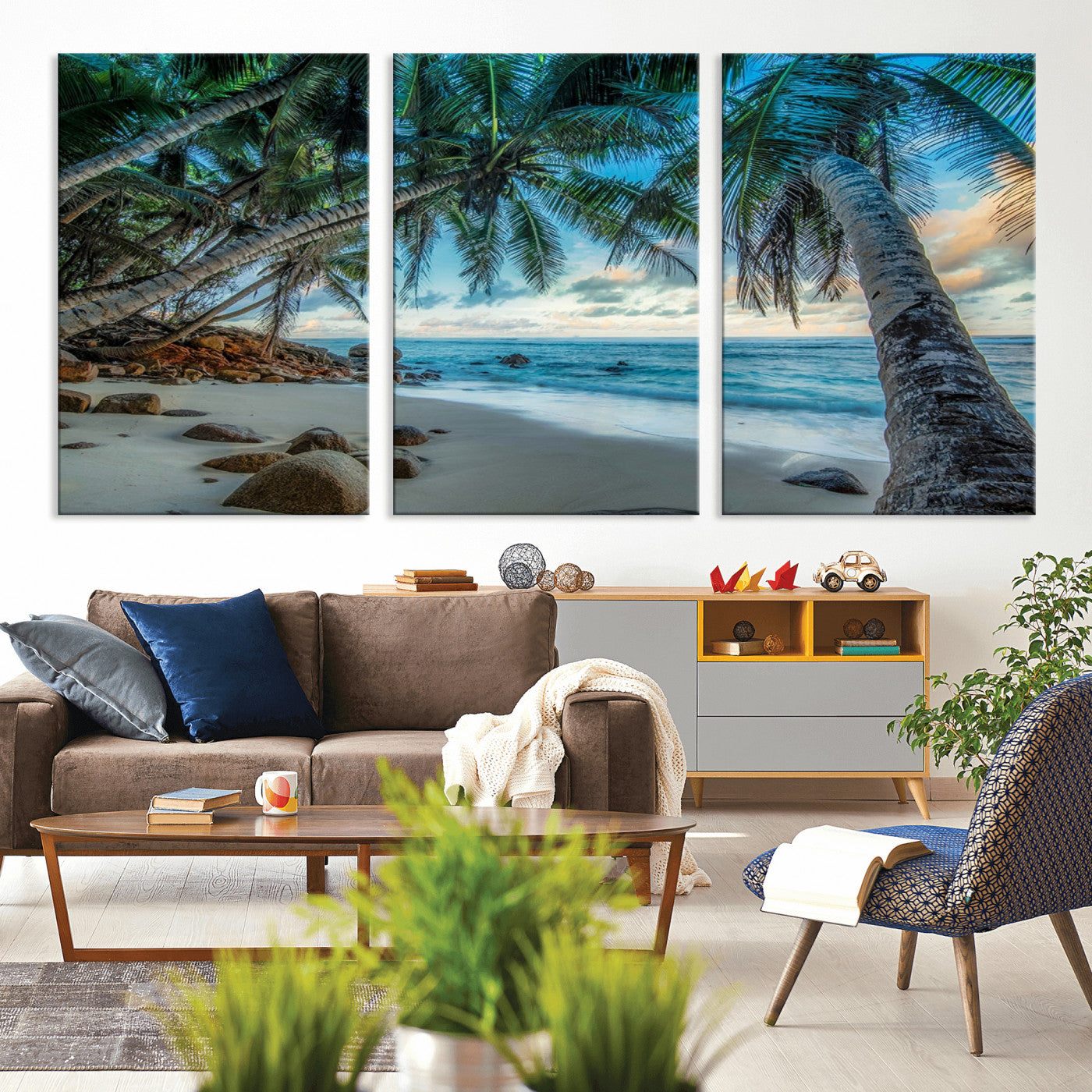 39679-MGV-CV-36X24-Tropical Palm Beach Wall Art – Serene Ocean Canvas Print with Palm Trees and Rocks, Coastal Paradise Decor for Living Room or