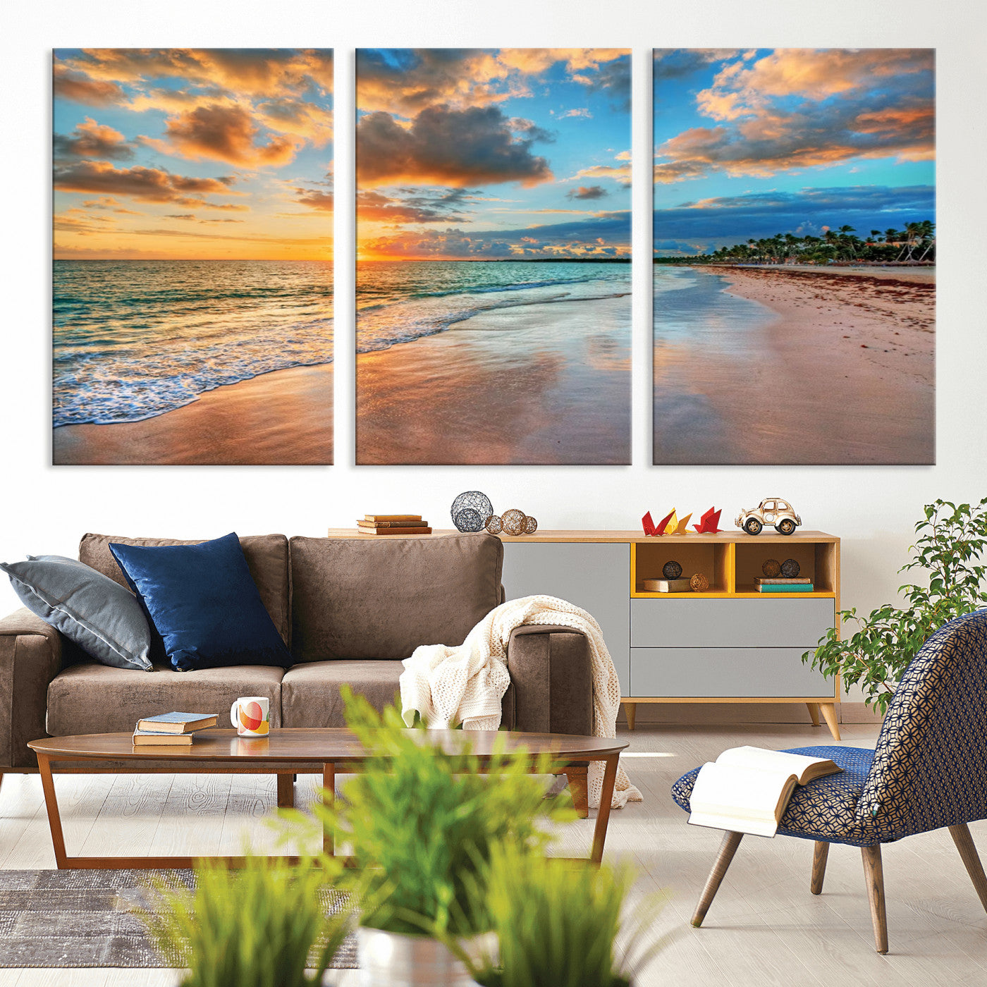 41572-MGV-CV-36X24-Sunset Beach Wall Art – Ocean Waves and Palm Trees Canvas Print, Tropical Coastal Sunset Seascape Decor for Living Room, Bedroom