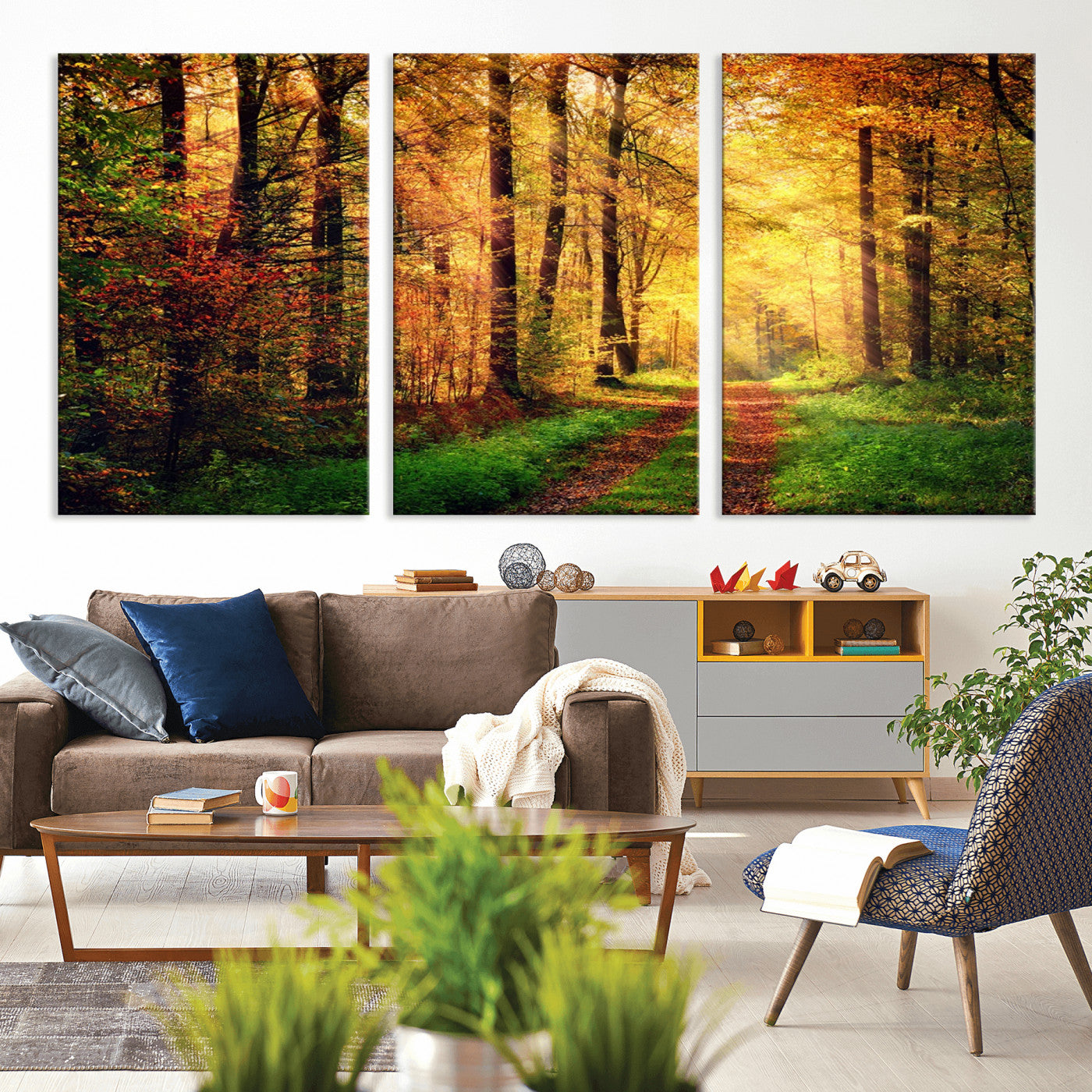 73494-MGV-CV-36X24-Golden Autumn Forest Path Wall Art – Sunlit Woodland Canvas Print, Fall Nature Landscape Home Decoration