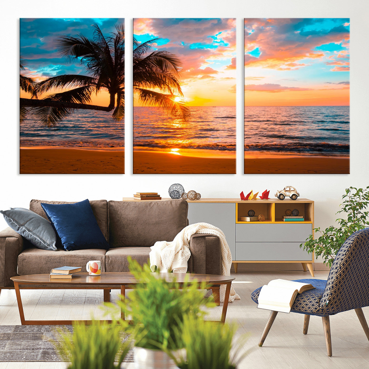 34674-MGV-CV-36X24-Tropical Sunset Beach Wall Art – Palm Tree Ocean Canvas Print, Coastal Seascape Decor for Living Room or Office Wall