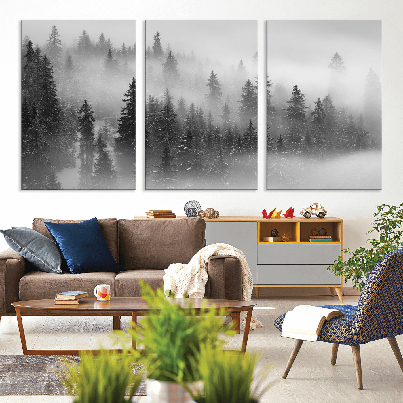 57235-MGV-CV-36X24-Misty Pine Forest Wall Art – Black and White Mountain Landscape Canvas Print, Nature Woodland Decor for Living Room, Bedroom or