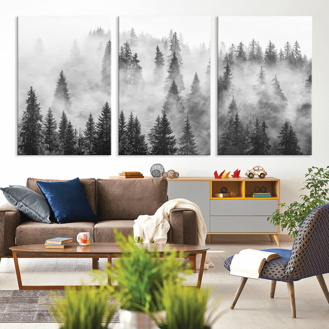 10422-MGV-CV-36X24-Misty Pine Forest Wall Art – Black and White Foggy Landscape Canvas Print, Serene Nature Woodland Decor for Bedroom, Office or