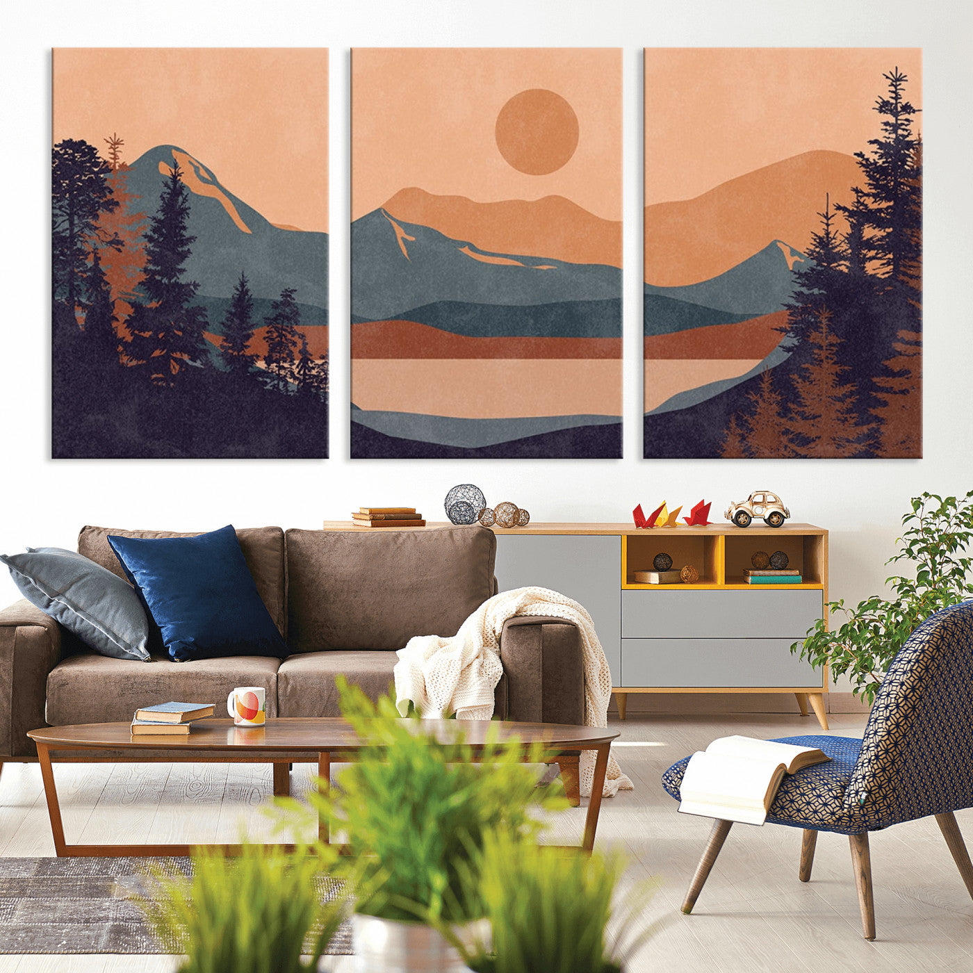 62795-MGV-CV-36X24-Minimalist Mountain Landscape Wall Art – Abstract Sunset Over Peaks and Pine Trees Canvas Print, Modern Nature Decor for Living