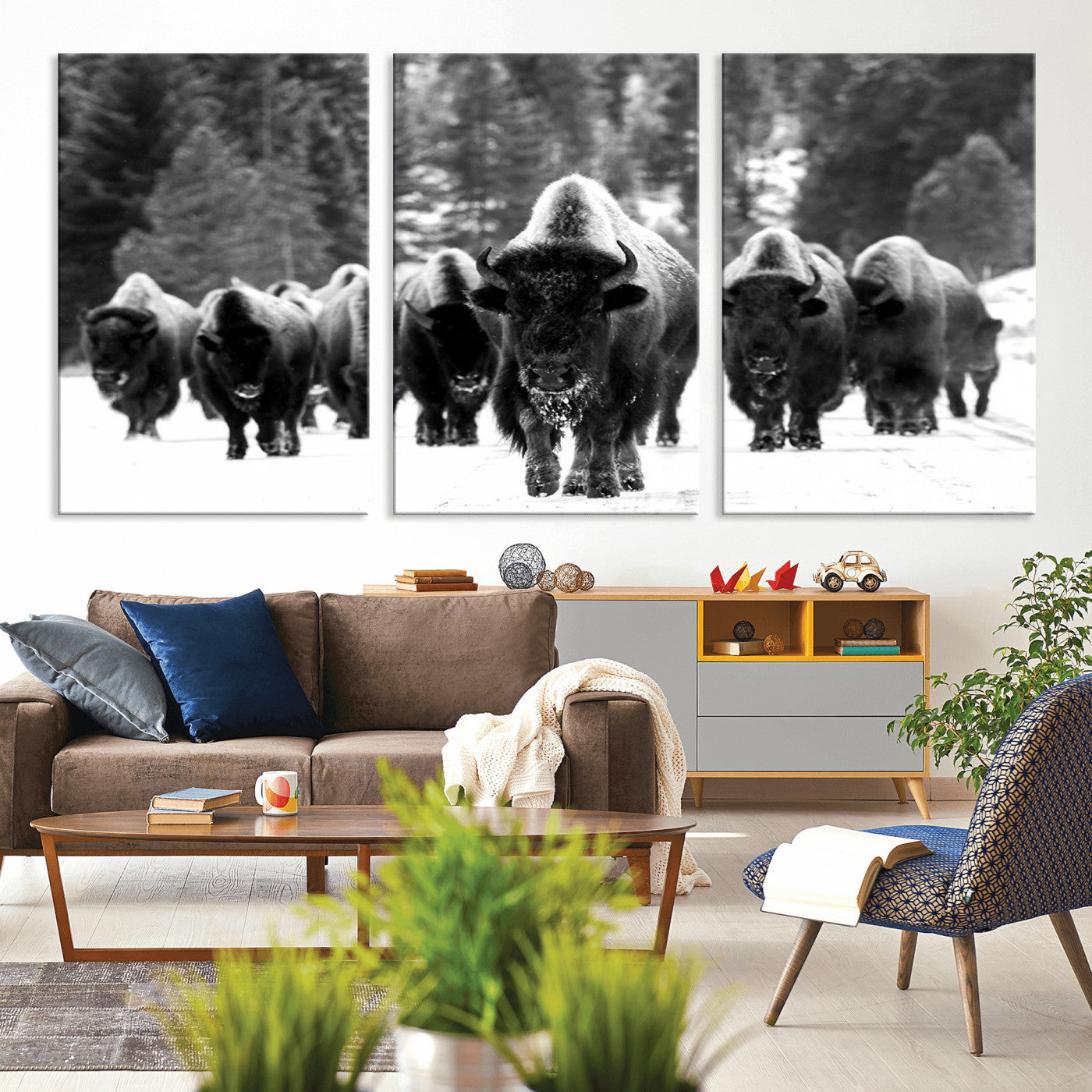 62434-MGV-CV-36X24-Bison Herd Wall Art – Majestic Black and White Buffalo Canvas Print, Wildlife Nature Photography Decor for Living Room, Office or
