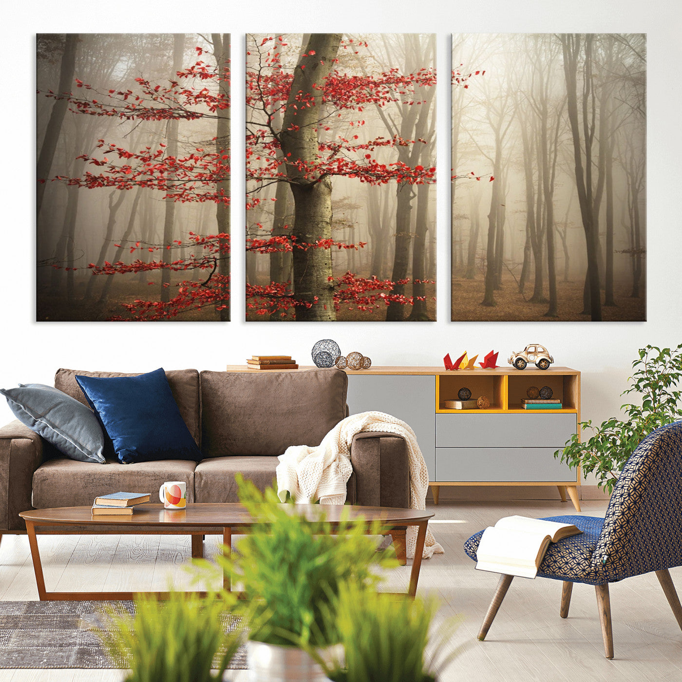 61855-MGV-CV-36X24-Misty Forest Wall Art – Red Tree with Autumn Leaves Canvas Print, Moody Woodland Nature Decor for Living Room, Bedroom, or Office