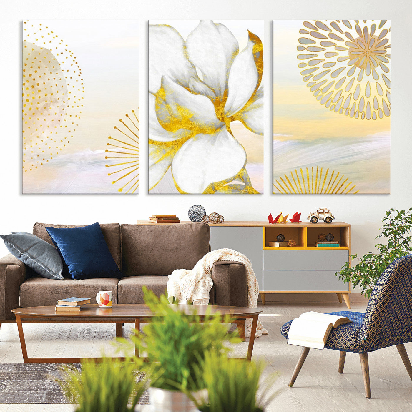 82301-MGV-CV-36X24-Modern Floral Wall Art – White Flower with Gold Detailing Canvas Print, Elegant Abstract Artwork for Living Room, Bedroom, or