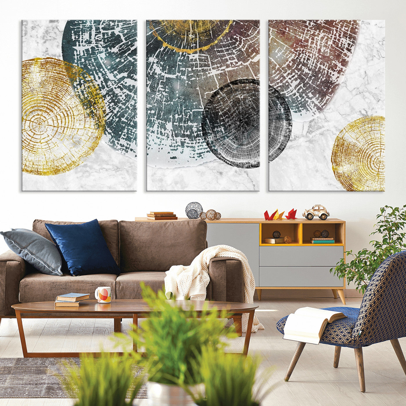 70653-MGV-CV-60X30-3P-Abstract Tree Ring Wall Art – Modern Rustic Wood Slice Canvas Print with Gold Accents, Contemporary Nature Decor for Living Room,