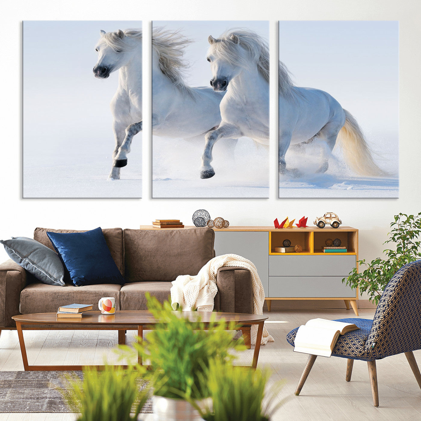 80145-MGV-CV-36X24-White Horses Running Snow Wall Art – Majestic Equine Canvas Print, Winter Nature Photography Decor for Living Room, Office,