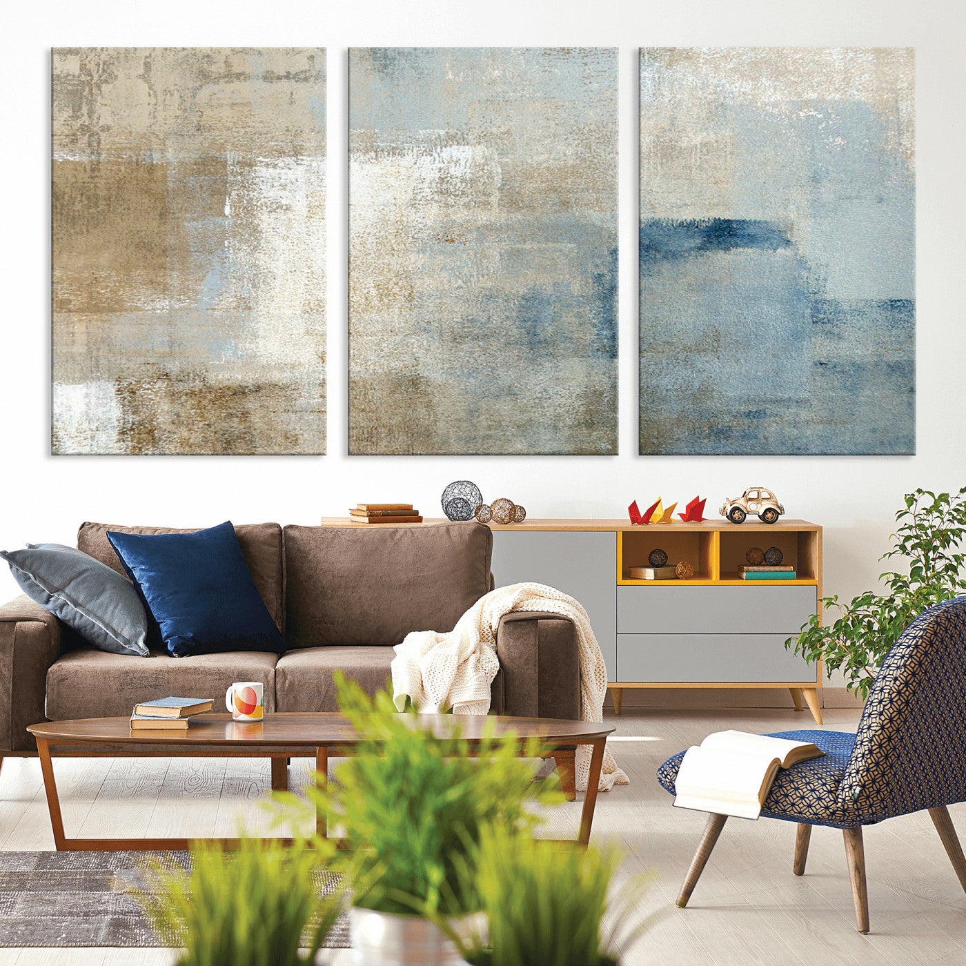 38126-MGV-CV-36X24-Neutral Abstract Wall Art – Modern Beige and Blue Canvas Print and Minimalist Textured Painting for Living Room, Bedroom or Office