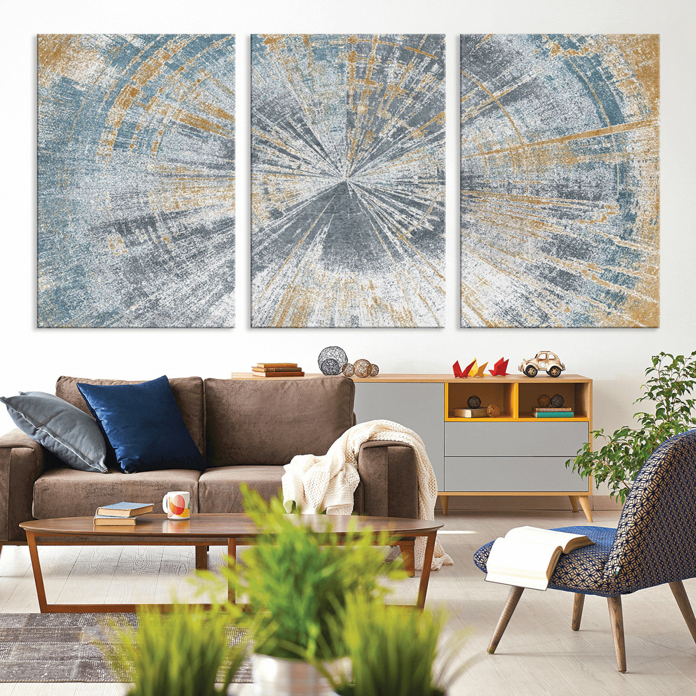 17631-MGV-CV-36X24-Radiant Burst Wall Art – Abstract Sunburst Canvas Print in Blue and Gold, Modern Geometric Painting for Living Room, Office or