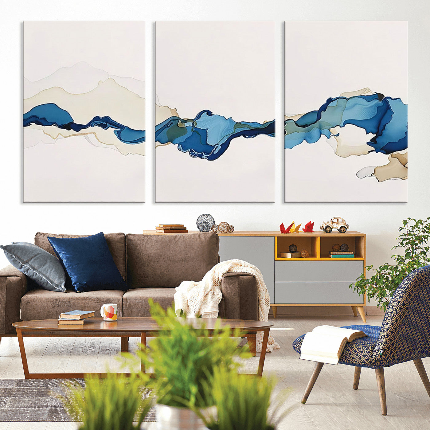 95528-MGV-CV-60X30-3P-Abstract Blue Wave Wall Art – Modern Ocean Inspired Canvas Print, Minimalist Fluid Painting for Living Room, Bedroom or Office
