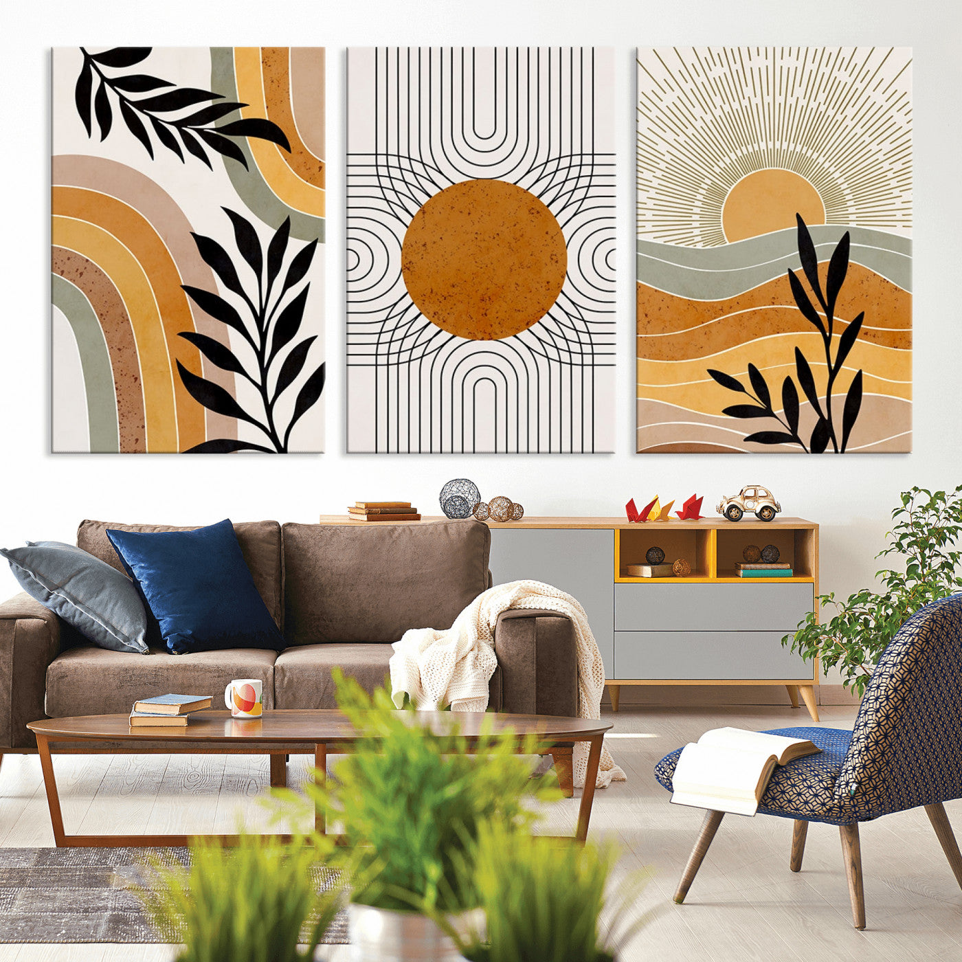 44668-MGV-CV-60X30-3P-Mid Century Modern Wall Art – Abstract Sun and Rainbow Canvas Print, Minimalist Geometric Boho Decor for Living Room, Bedroom or