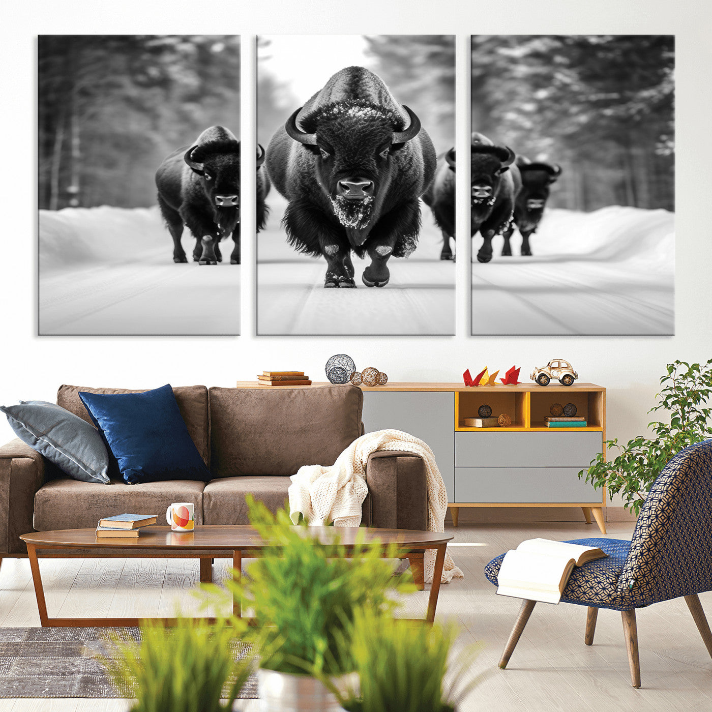 45287-MGV-CV-36X24-Bison Herd Wall Art – Black and White Buffalo Snow Road Canvas Print, Rustic Wildlife Decor for Cabin, Lodge or Living Room