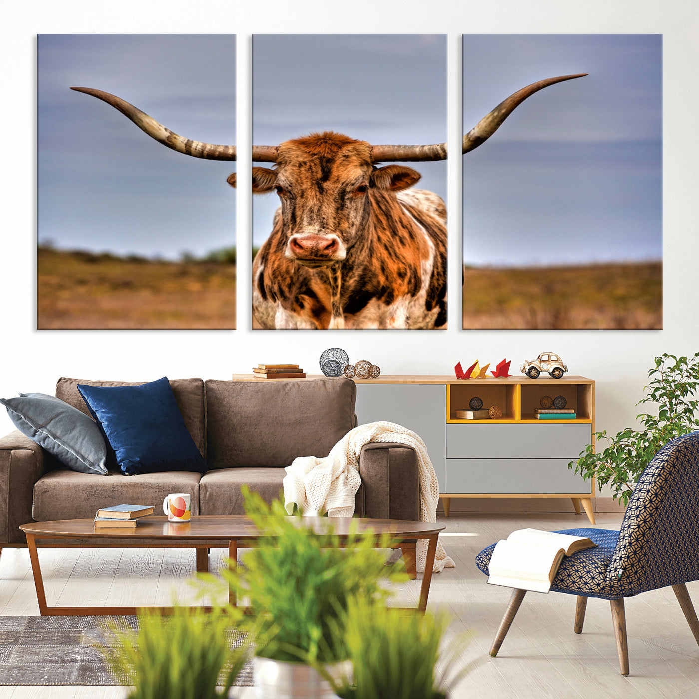 18594-MGV-CV-36X24-Texas Longhorn Bull Wall Art – Rustic Western Cattle Canvas Print, Country Farmhouse Decor for Living Room, Office or Cabin