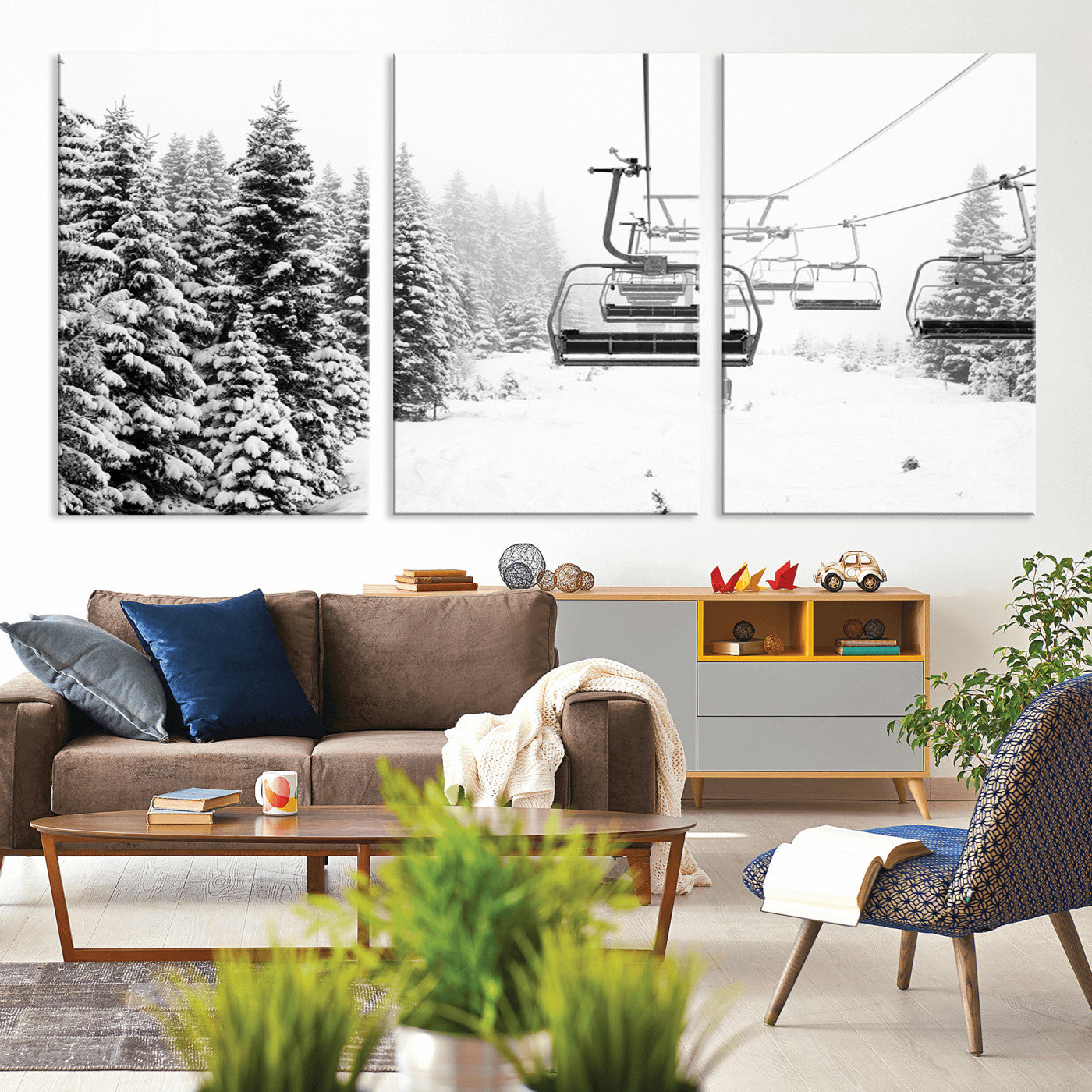 70609-MGV-CV-36X24-Snowy Ski Lift Wall Art – Black and White Winter Mountain Landscape Canvas Print, Rustic Lodge Decor for Cabin, Living Room or