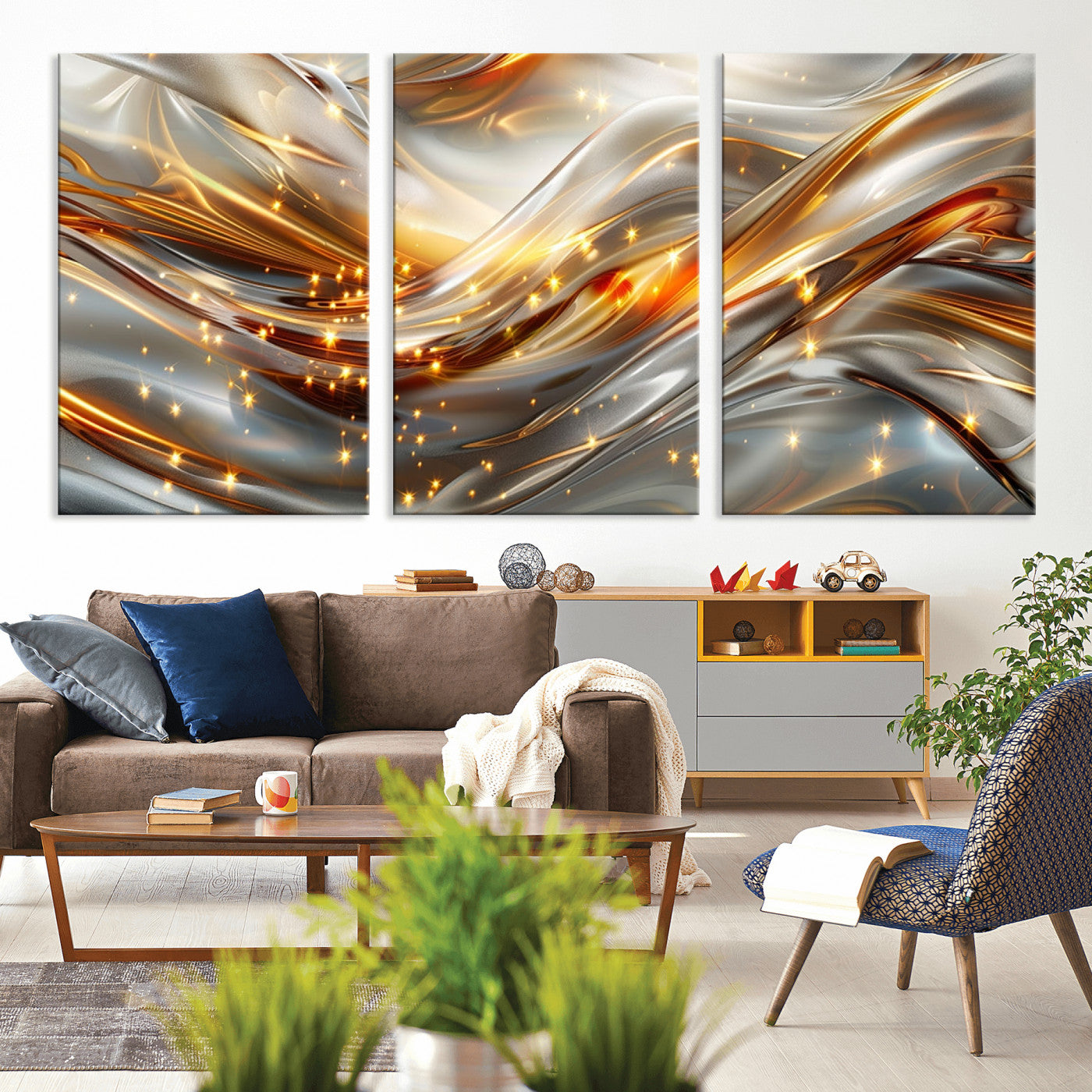 Lines1-MGV-CV-36X24-Abstract Metallic Wall Art – Silver and Gold Wave Canvas Print with Sparkling Accents, Modern Luxury Decor for Living Room, Office