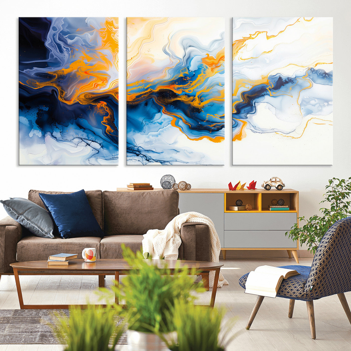 83720-MGV-CV-36X24-Abstract Fluid Wall Art – Blue, White and Gold Swirl Canvas Painting, Modern Contemporary Artwork for Living Room, Bedroom or