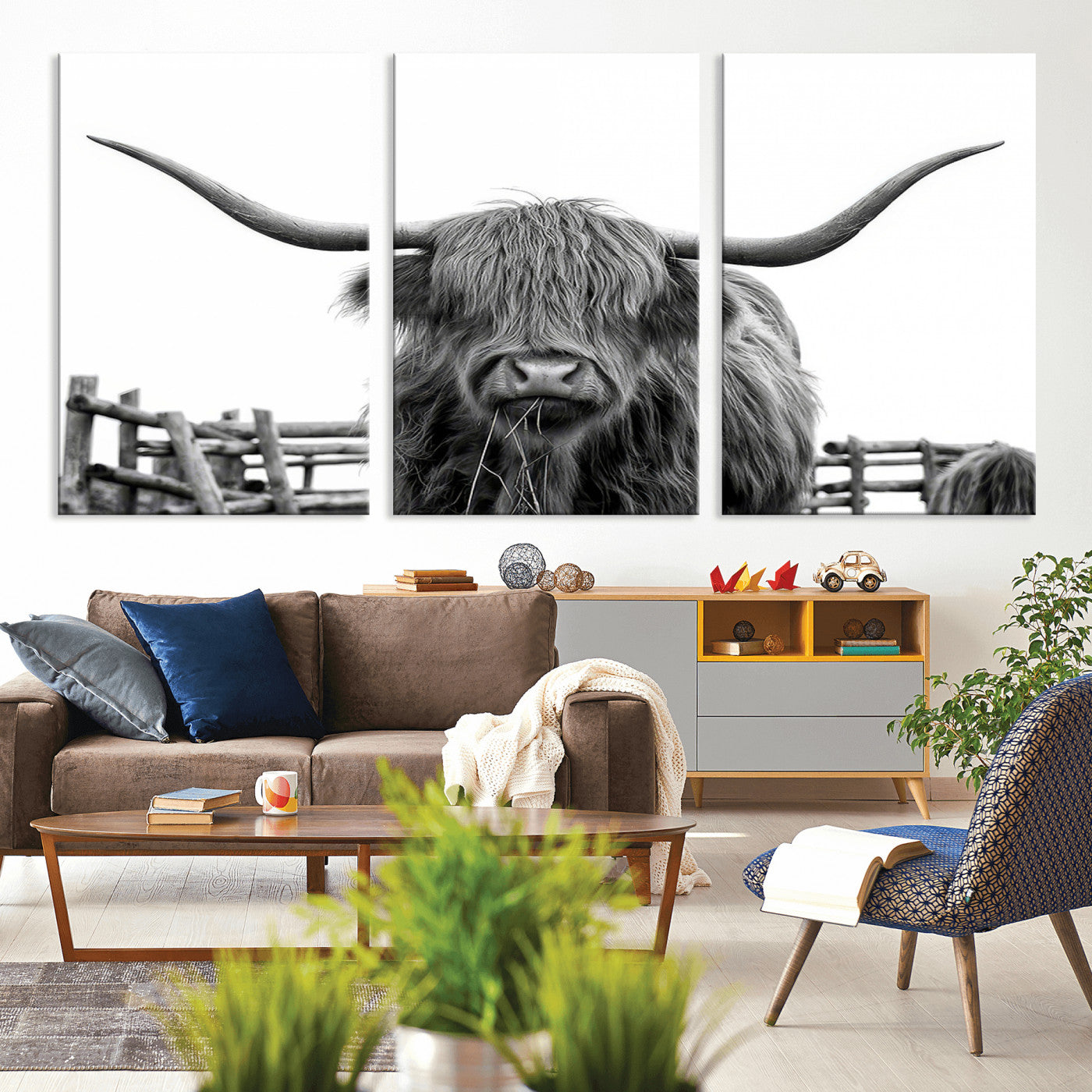 58188-MGV-CV-36X24-Highland Cow Wall Art – Black and White Rustic Farmhouse Canvas Print, Longhorn Cattle Photography Decor for Living Room or