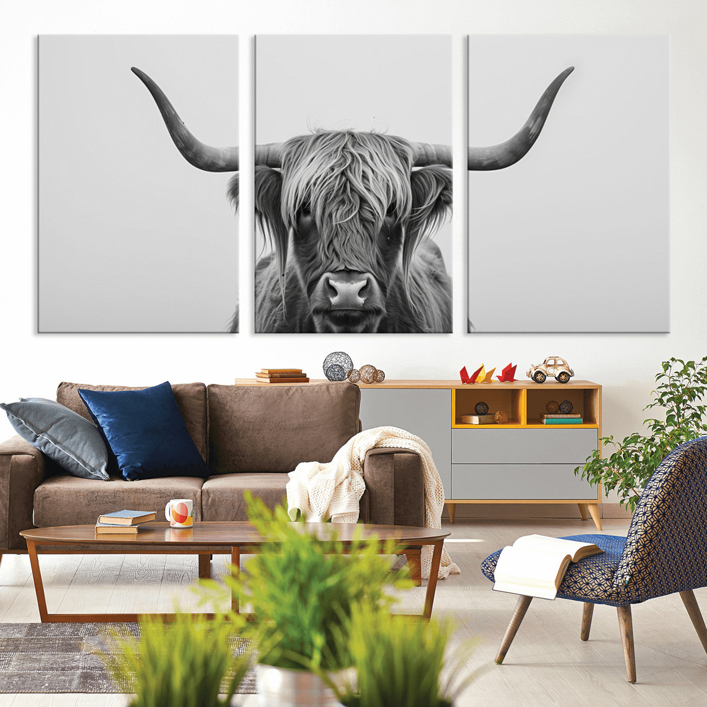 35820-MGV-CV-36X24-Minimalist Highland Cow Wall Art – Black and White Longhorn Cattle Canvas Print, Modern Farmhouse Animal Photography Decor for