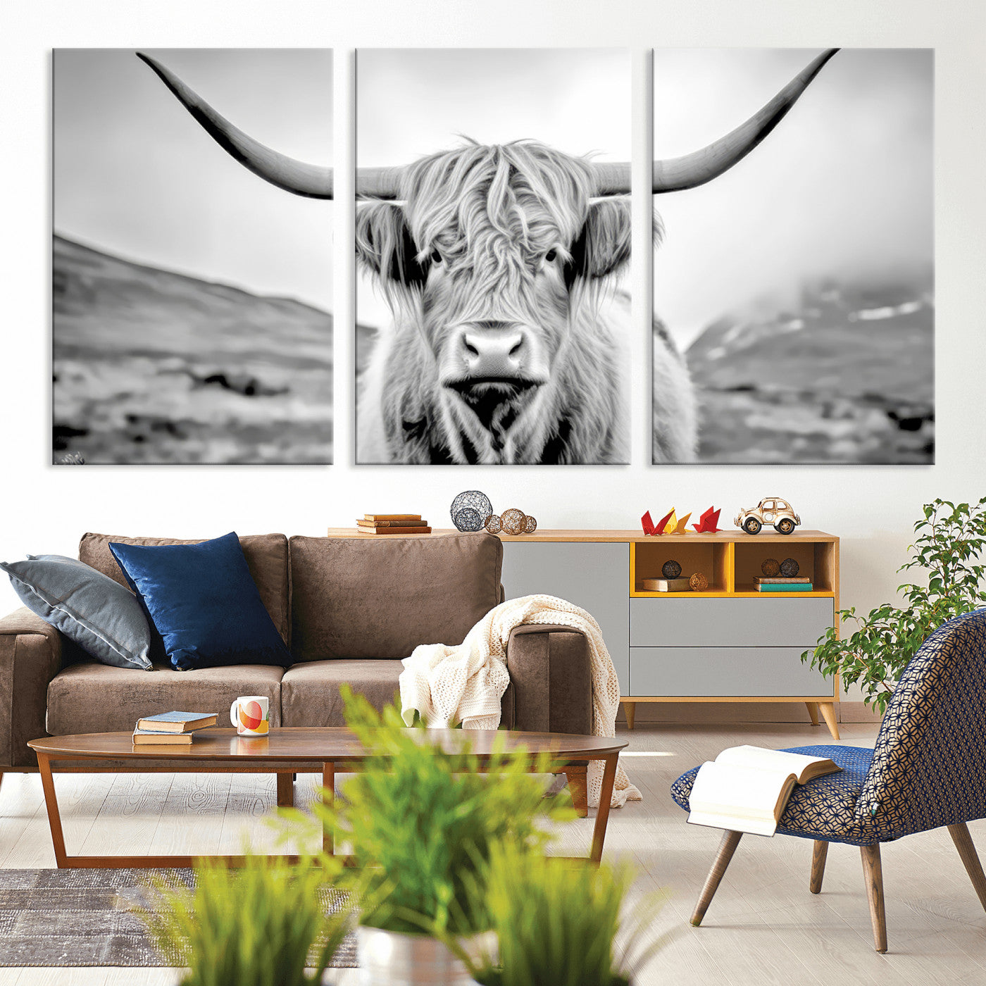 80564-MGV-CV-36X24-Highland Cow Wall Art – Black and White Scottish Highland Canvas Print, Rustic Farmhouse Decor for Living Room, Bedroom or Office