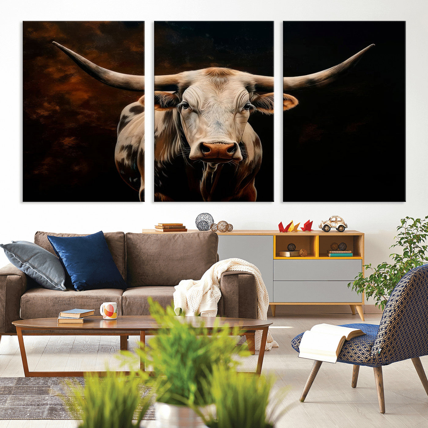 70522-MGV-CV-36X24-Longhorn Bull Wall Art – Striking Canvas Print of Majestic Bull, Premium Animal Decor for Home, Office, Man Cave, or Living Room