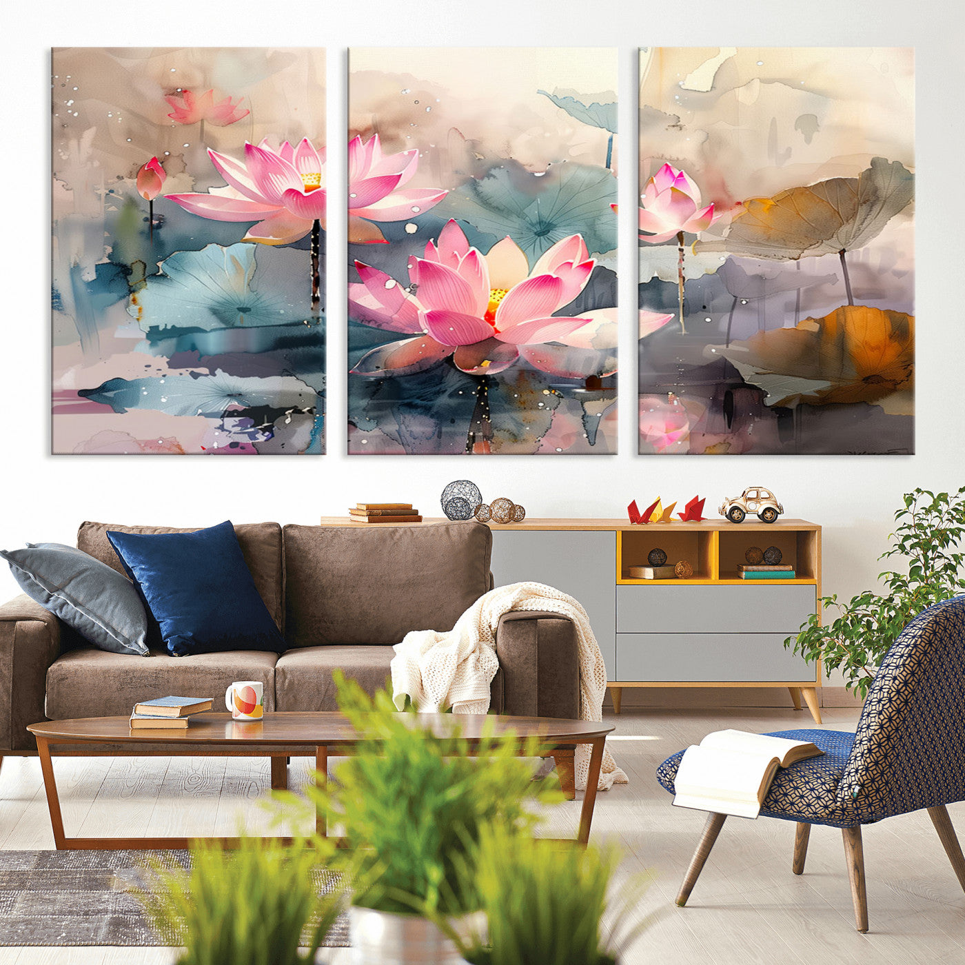27936-MGV-CV-36X24-Lotus Pond Wall Art – Watercolor Pink Lotus Flowers Canvas Print, Tranquil Botanical Artwork for Bedroom, Living Room or