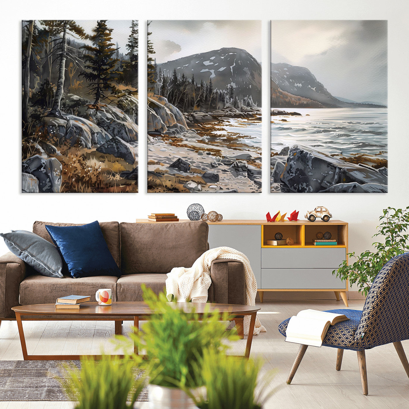 41281-MGV-CV-36X24-Rocky Shoreline Wall Art – Panoramic Mountain Coast and Forest Canvas Print, Rustic Nature Landscape Decor for Cabin, Lodge, or