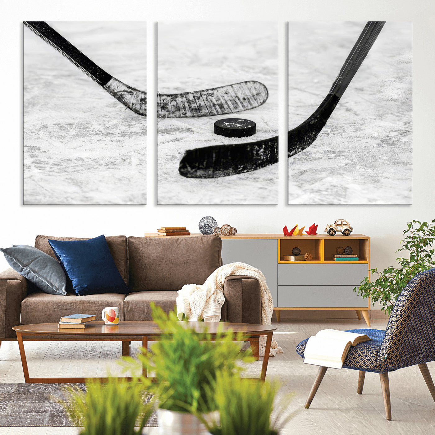 82900-MGV-CV-36X24-Hockey Wall Art – Black and White Canvas Print Ice Rink Sticks Puck Sports Photography, Modern Decor for Game Room, Man Cave,