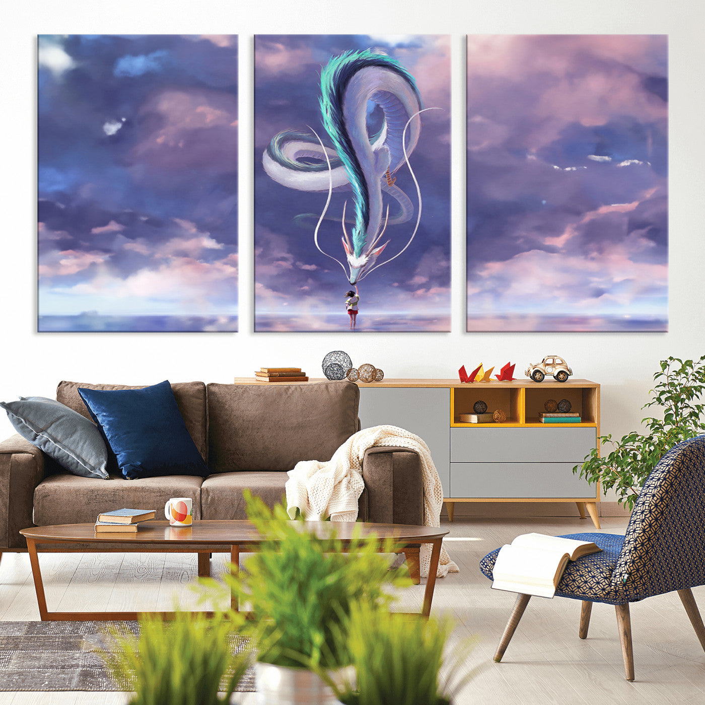 66864-MGV-CV-36X24-Fantasy Dragon Wall Art – Mystical Canvas Print Girl and Sky Serpent Dreamlike Clouds, Magical Anime Inspired Decor for Living