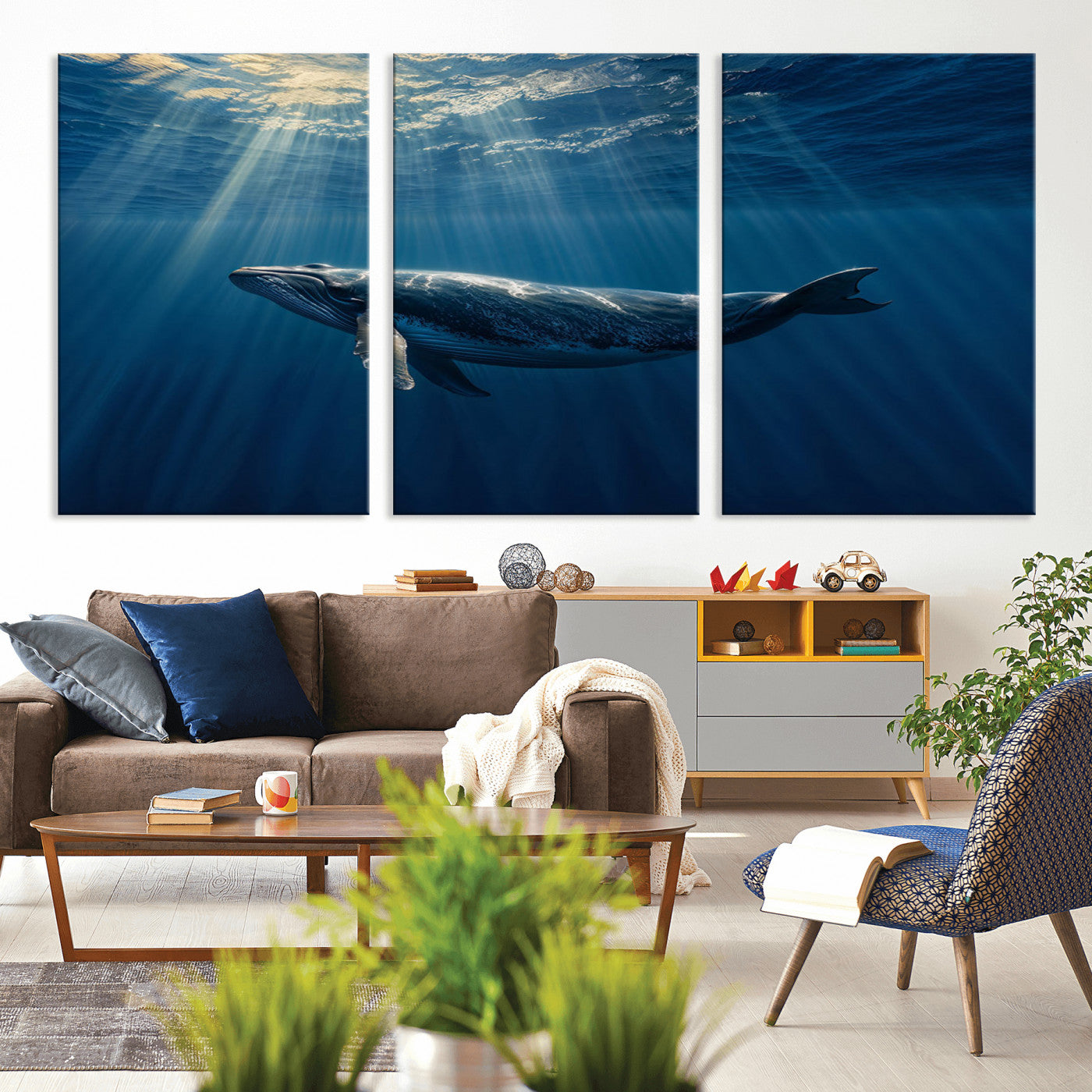 18052-MGV-CV-36X24-Whale Wall Art – Majestic Ocean Canvas Print Marine Life Underwater Sunlight Scene, Nautical Coastal Decor for Living Room,