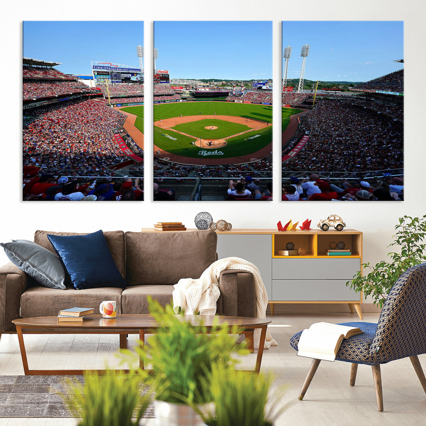 90998-MGV-CV-36X24-Baseball Stadium Wall Art – Canvas Print Day Game Field Packed Crowd Bright Blue Sky Sports Photography, Classic Decor for Game