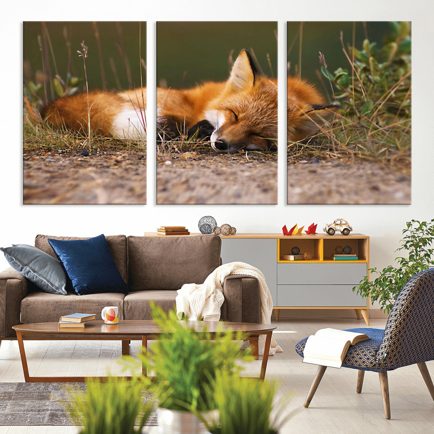 25085-MGV-CV-36X24-Sleeping Fox Wall Art Canvas Print, Framed Rustic Fox Art Picture Print, Wildlife Animal Perfect Rustic Farmhouse Decor Artwork