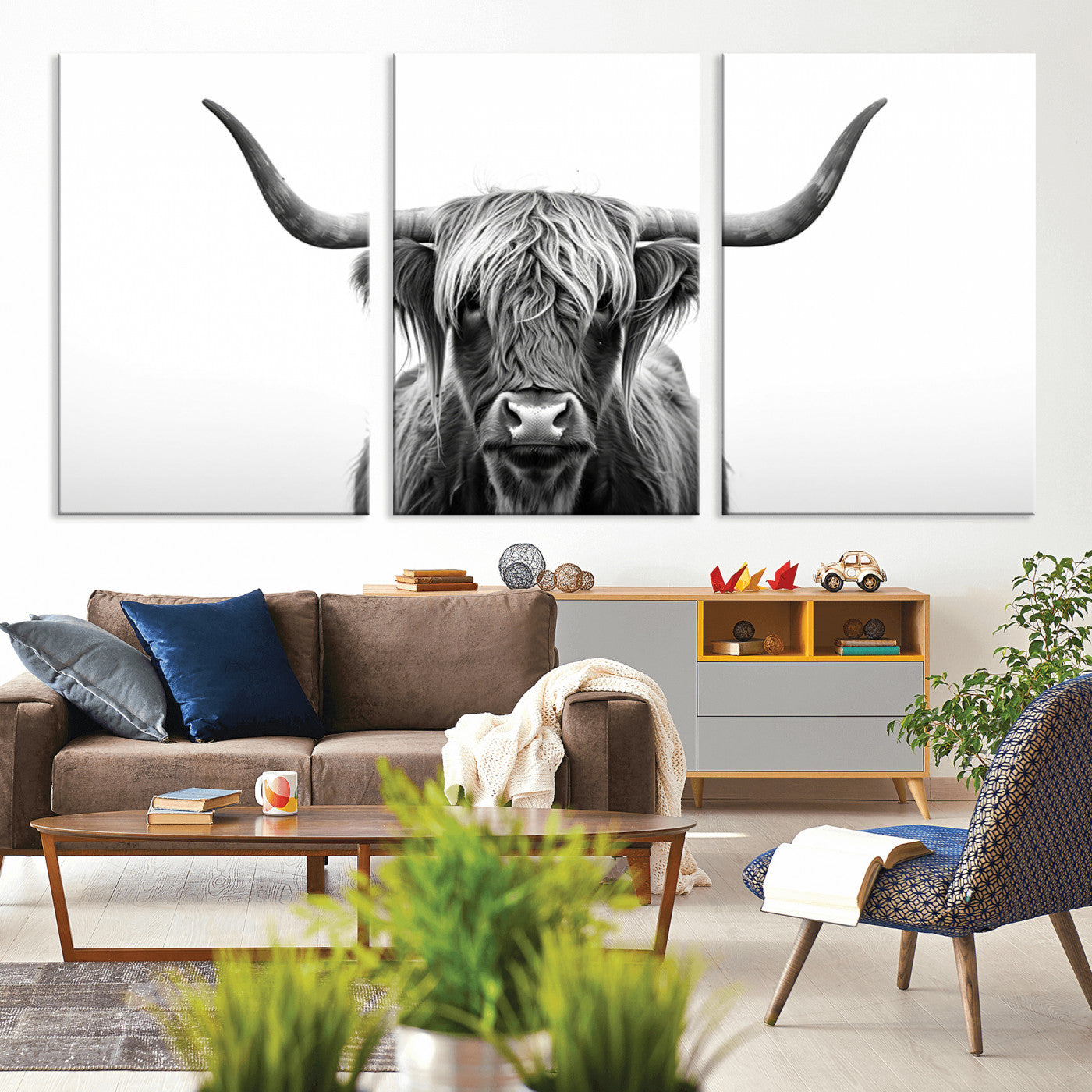 49556-MGV-CV-36X24-Highland Cow Wall Art – Black and White Scottish Highland Cattle Print, Rustic Farmhouse Minimalist Animal Portrait Canvas for