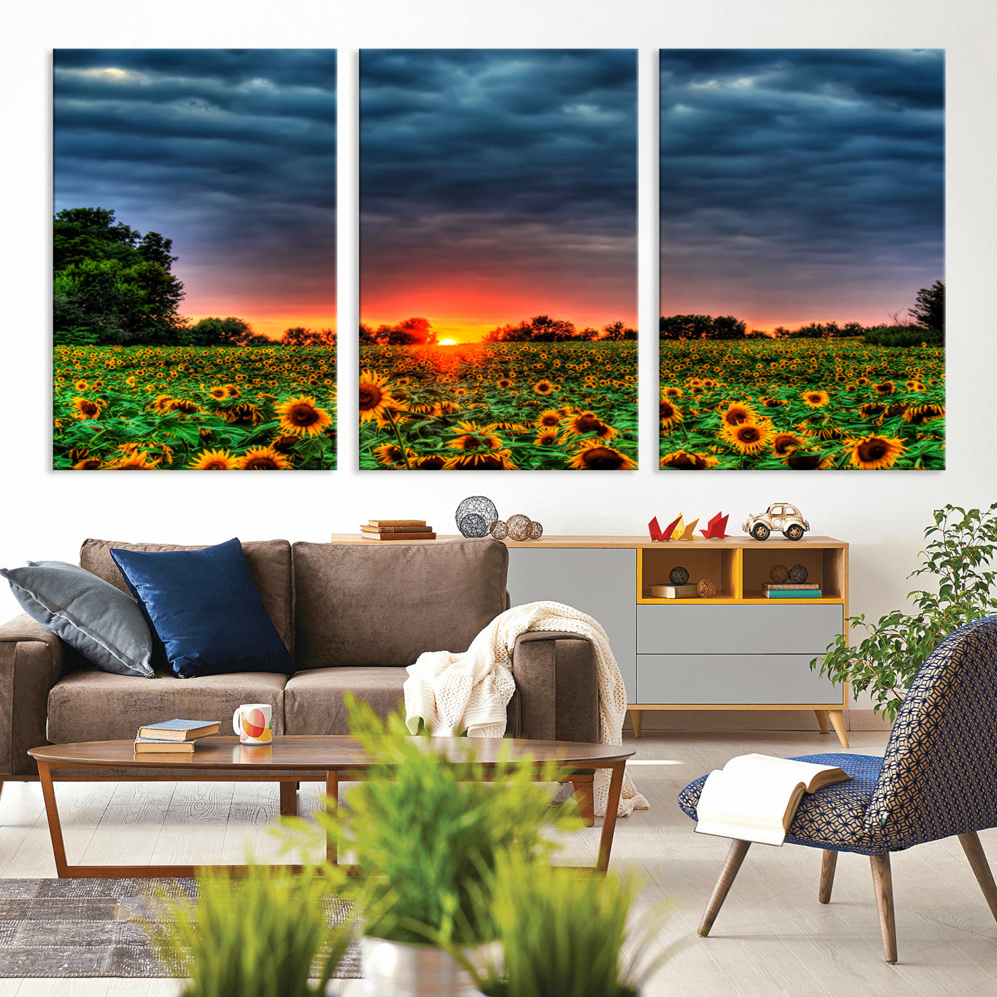 45045-MGV-CV-36X24-Sunflower Field Sunset Wall Art – Dramatic Stormy Sky Landscape Print, Vibrant Yellow Floral Nature Canvas for Living Room,
