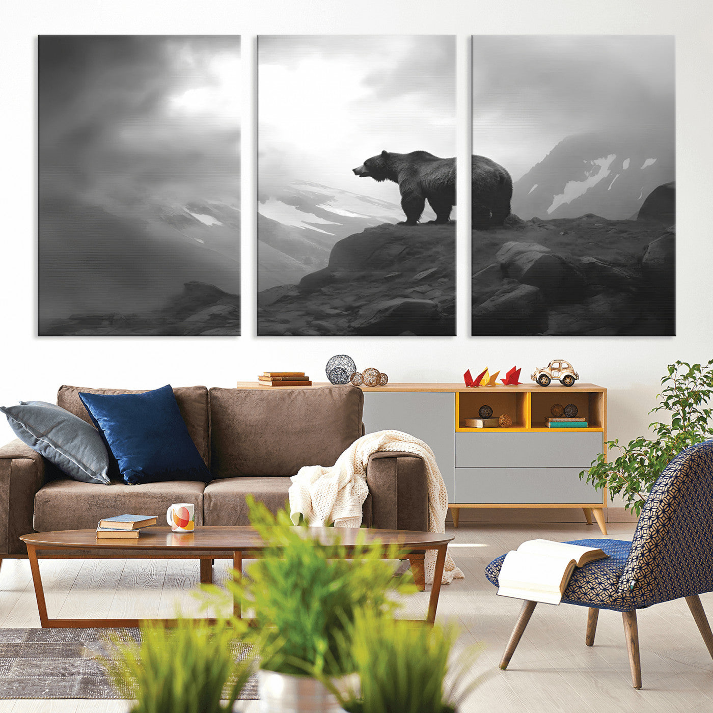 49504-MGV-CV-36X24-Black and White Grizzly Bear Wall Art – Wilderness Wildlife Painting, Rustic Mountain Cabin Decor, Monochrome Animal Print for