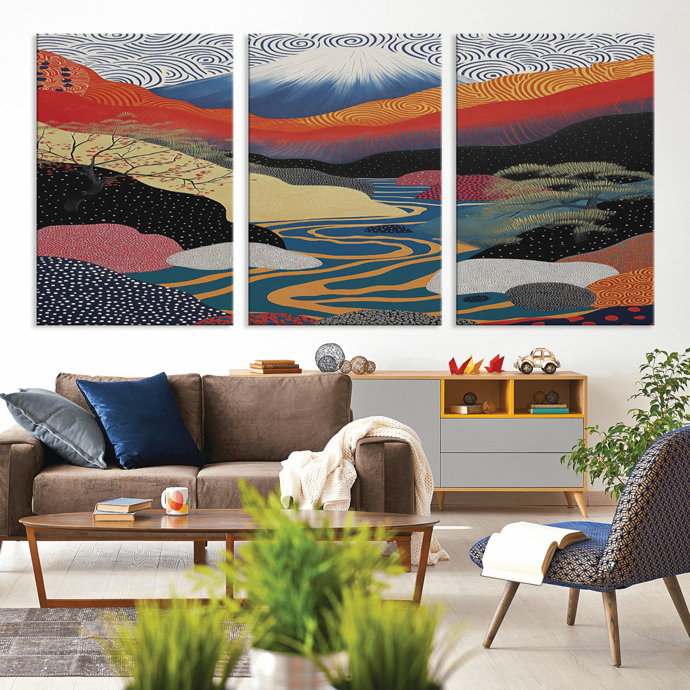 22313-MGV-CV-36X24-Yayoi Kusama Wall Art – Abstract Mount Fuji Landscape Canvas Print, Vibrant Japanese Nature Scene with River, Mountains and Sky